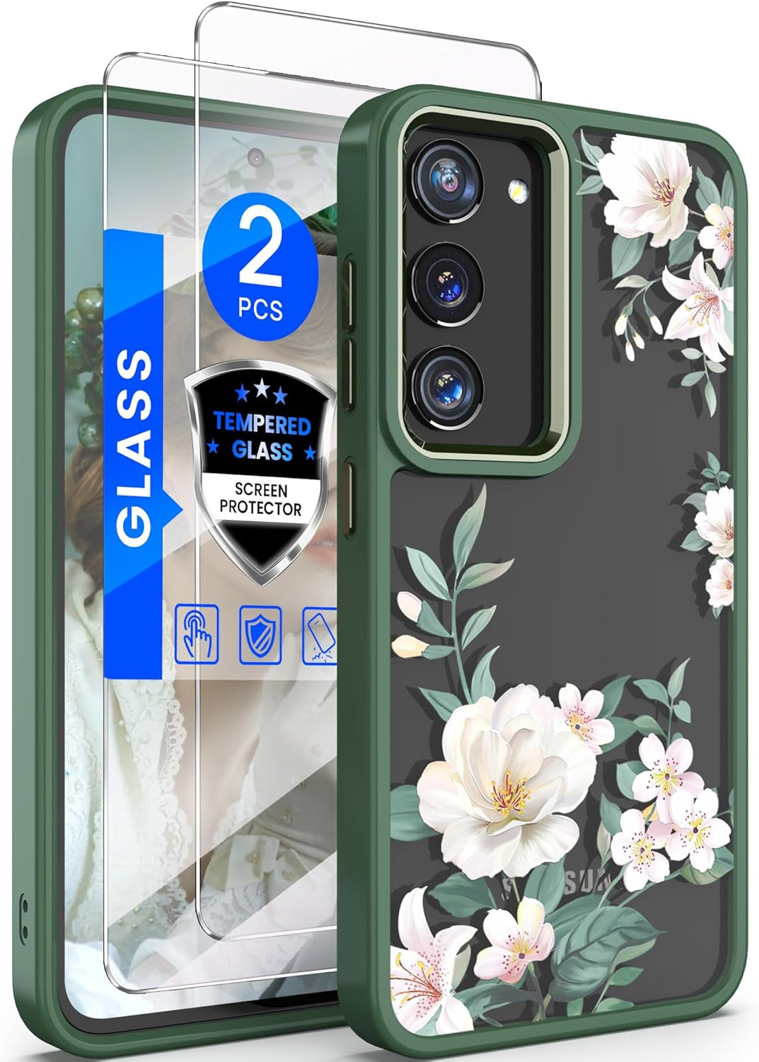 Dretal for Samsung Galaxy S22 5G Case Floral, Military Grade Drop Tested Hard Back & Soft Edge Slim Flower Women Girls Phone Protective Cover + Tempered Glass Screen Protector (Deep Purple)