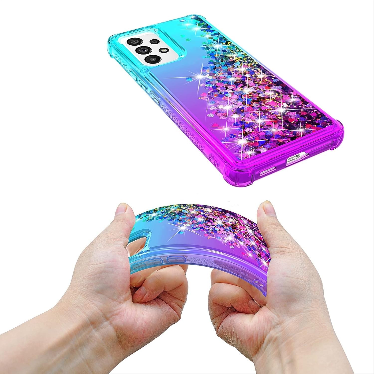For Galaxy A53 Case,Samsung A53 5G Case with HD Screen Protector,Gradient Quicksand Glitter Liquid Floating Waterfall Durable Girls Cute Phone Case for Samsung Galaxy A53 5G (Teal/Purple)