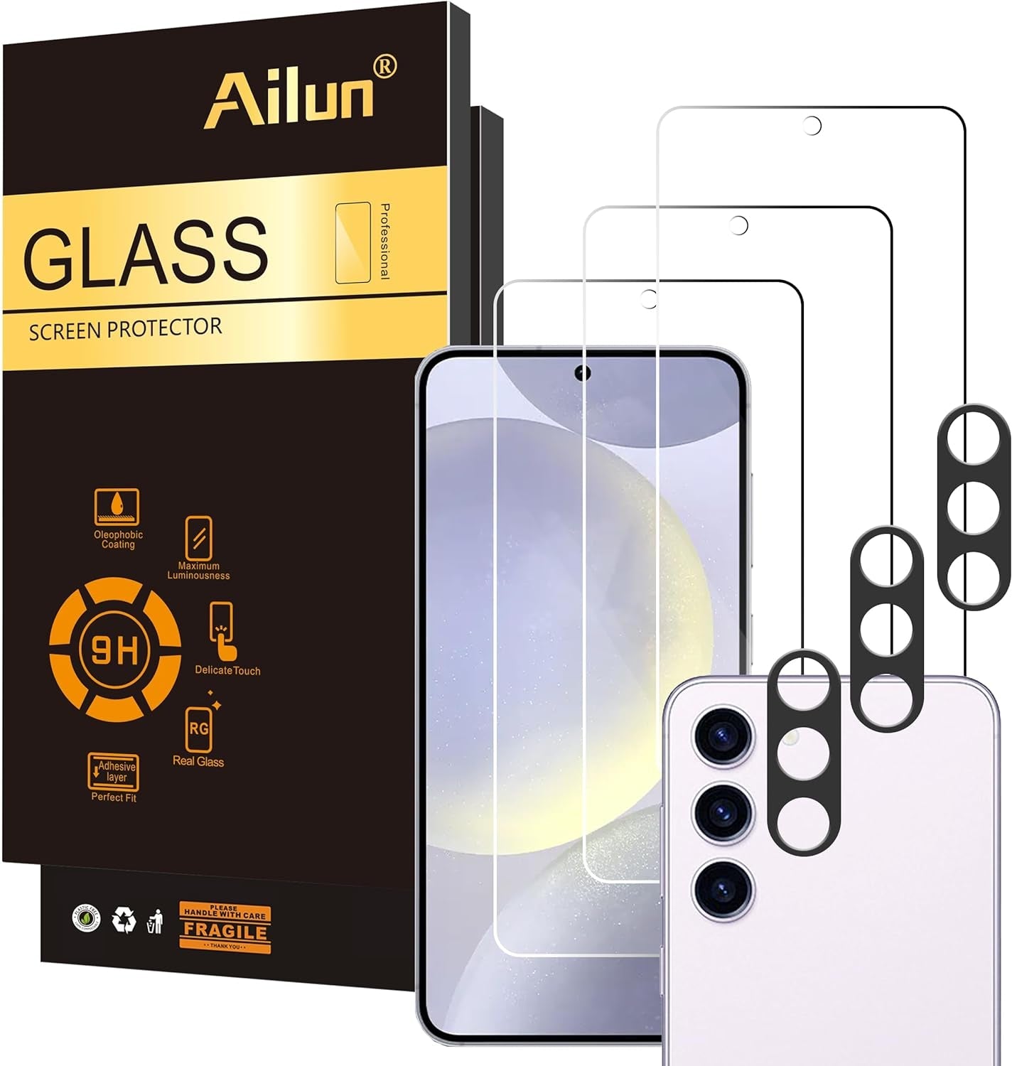 Ailun Glass Screen Protector for Galaxy S24 3 Pack + 3 Pack Camera Lens Tempered Glass Fingerprint Unlock Compatible 0.25Mm Anti-Scratch Case Friendly Clear - HD