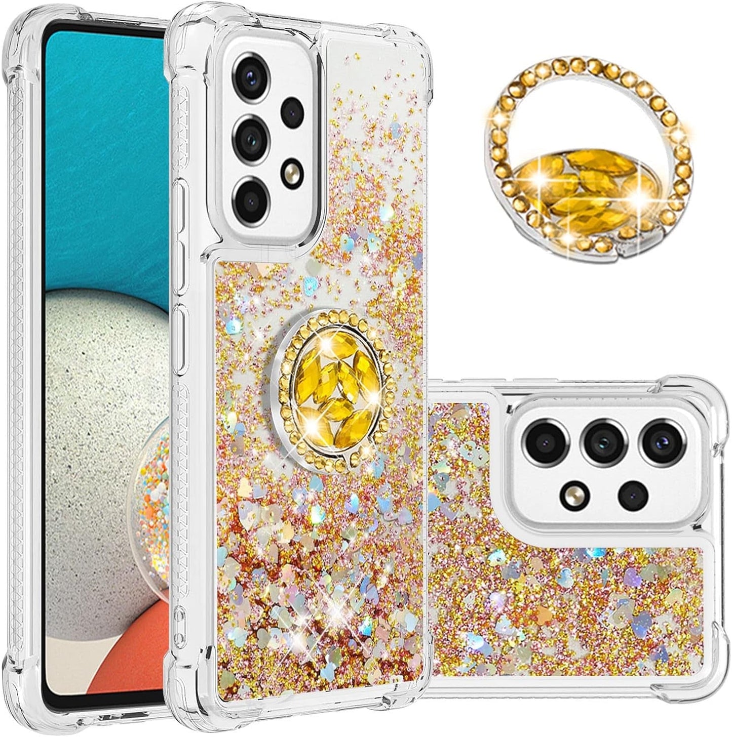 Ccsmall for Samsung Galaxy A53 5G Glitter Case with Ring Holder, Bling Sparkle Floating Liquid Soft TPU Cushion Fashion Girly Women Girls Clear Case Cover for Samsung Galaxy A53 5G LSZ Rose Gold