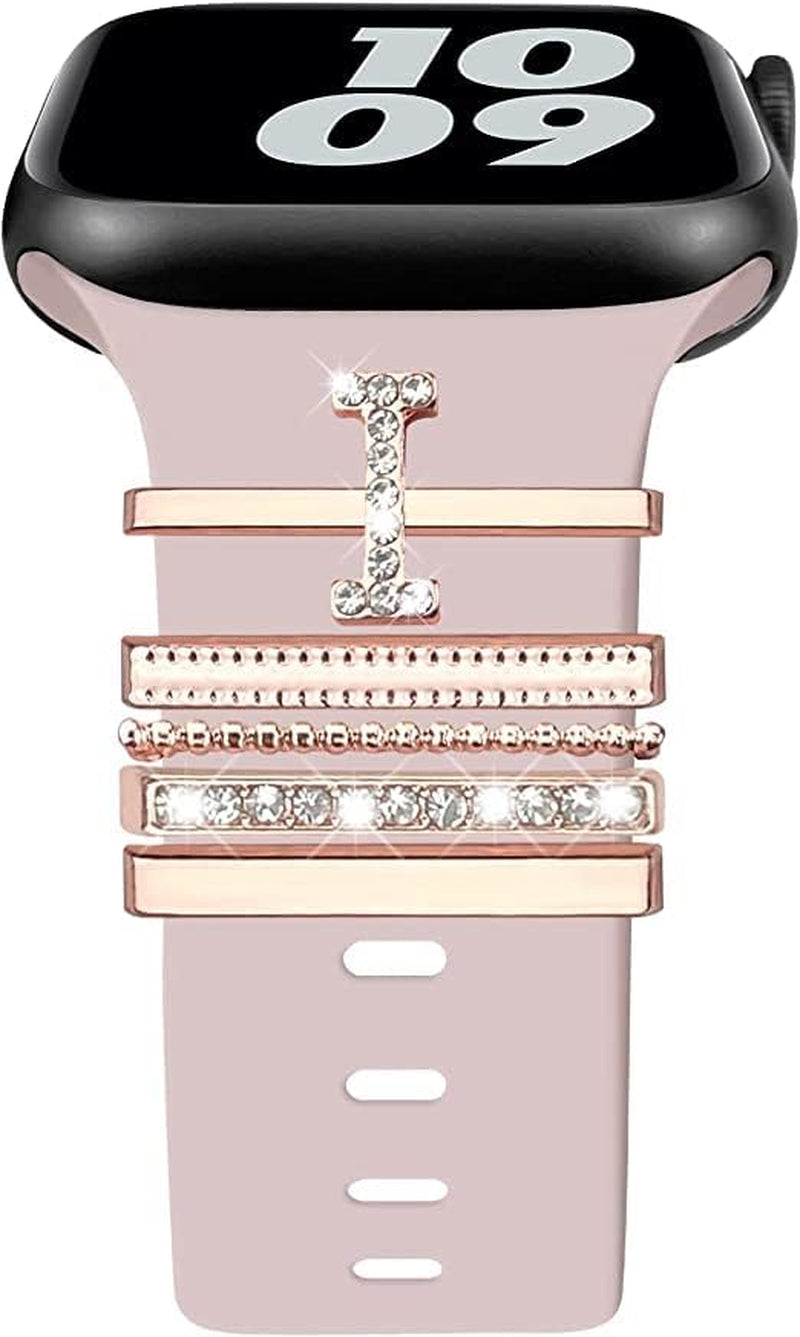 Decorative Rings Loops Compatible with Apple Watch Silicone Bands Charms 45Mm 44Mm 42Mm 41Mm 40Mm 38Mm Iwatch Series 8 7 6 5 4 3 2 1 Metal Diamond Charms Accessories (I-Rose Gold)