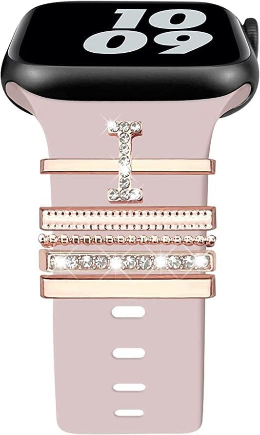 Decorative Rings Loops Compatible with Apple Watch Silicone Bands Charms 45Mm 44Mm 42Mm 41Mm 40Mm 38Mm Iwatch Series 8 7 6 5 4 3 2 1 Metal Diamond Charms Accessories (I-Rose Gold)