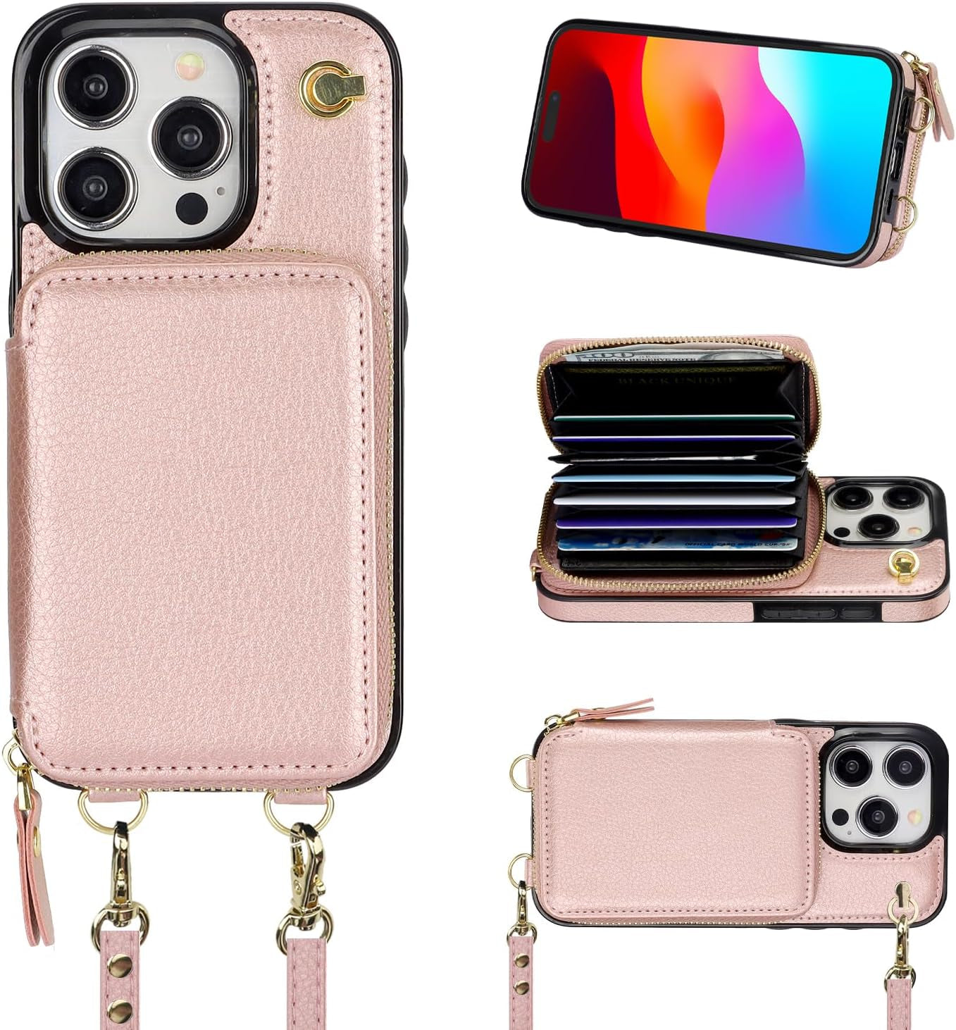 Bocasal Crossbody Wallet Case for Iphone 15 Pro, RFID Blocking Leather Purse Case with Card Holder, Protective Handbag Flip Cover with Zipper Wrist Strap Lanyard for Women 5G 6.1 Inch (Red)  Bocasal   