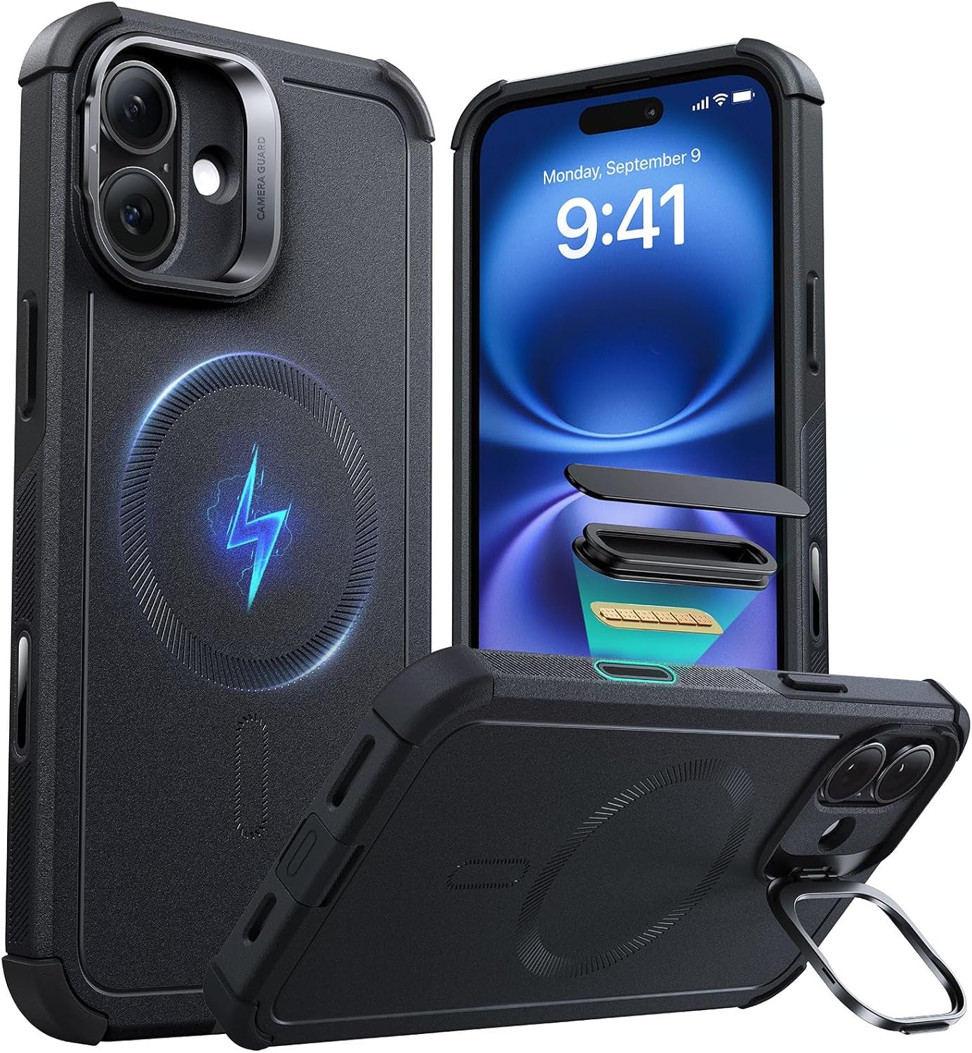 ESR for Iphone 17 Pro Case with Stash Stand, 7X Military-Grade Drop Protection with Camera Control, Shock-Absorbing Phone Rugged Cover, Compatible with Magsafe Accessories, Cyber Series, Black