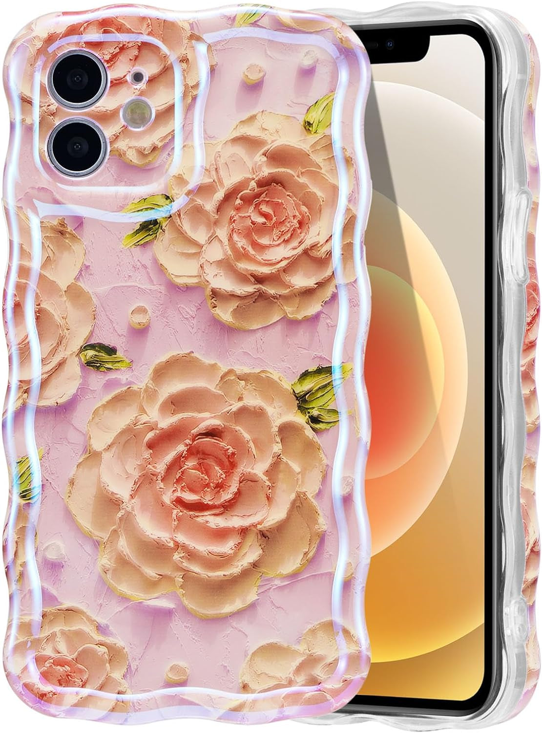 EYZUTAK Case for Iphone 14 Pro, Colorful Retro Oil Painting Flower Leaf Laser Glossy Pattern Cute Curly Wave Edge Exquisite Phone Cover Stylish Durable TPU Protective Case for Girls Women - Blue Green  EYZUTAK Pink4 Iphone 11 