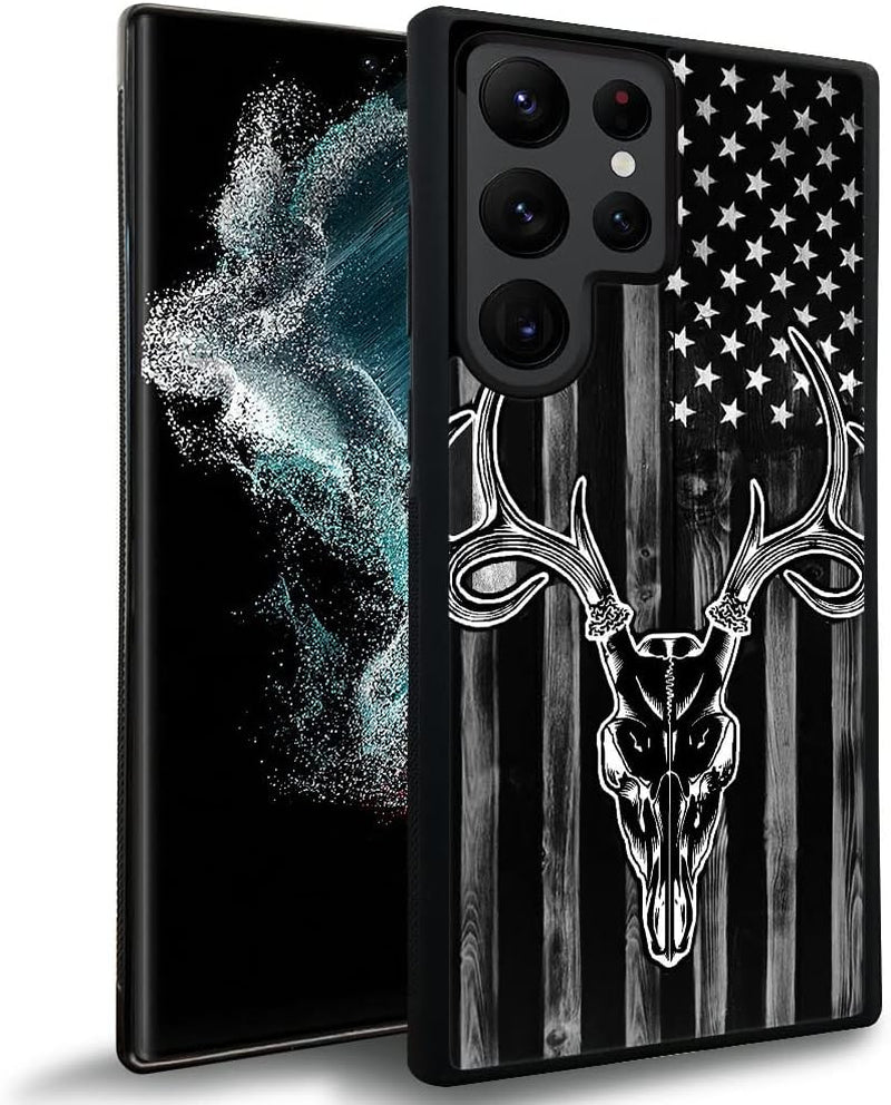 DJSOK Case Compatible with Samsung Galaxy S22 plus Case, Black Wood Grain USA American Flag Hunter Deer Pattern Design Pattern Back+Soft Silicone Protective Case