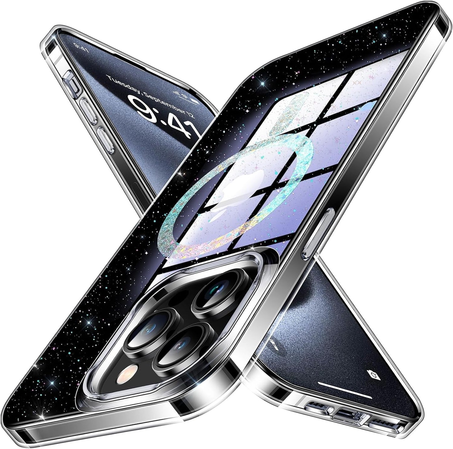 Humixx Magnetic Clear for Iphone 15 Pro Max Case, [Compatible with Magsafe] [Non-Yellowing] Slim Fit yet Protective Anti-Fingerprints Shockproof Bumper with Airbag Cover 6.7 Inch - Crystal Clear  Humixx F-Clear Glitter Magsafe  