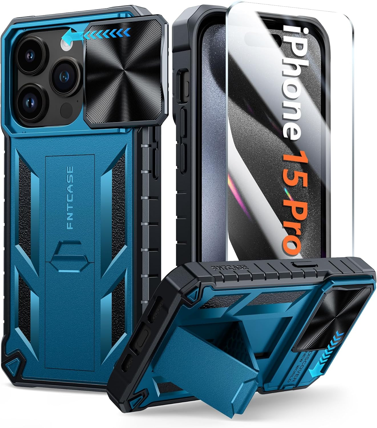 FNTCASE for Iphone 15 Pro Case: Military Grade Drop & Shock Protection Cell Phone Cover with Kickstand & Slide | Rugged Protective Bumper Textured | Heavy Duty Protector(Blue)  FNTCASE Blue For Iphone 15 Pro (6.1 Inch) 