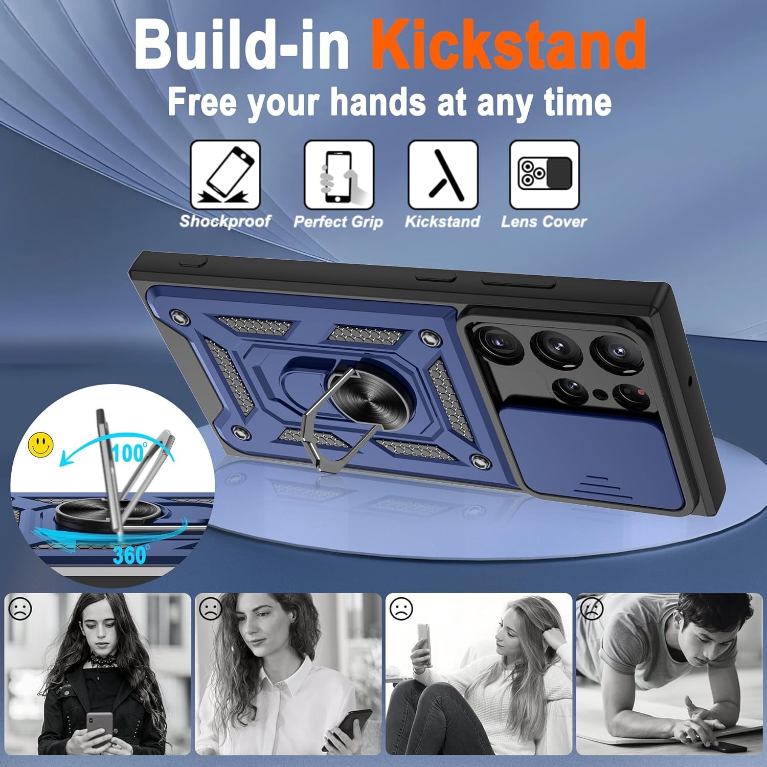 ATUMP for Samsung Galaxy S22 Ultra Case with (2 Pcs) HD Screen Protector, Heavy Duty Shockproof with 360° Rotation Metal Kickstand [Military Grade] Protective Case for S22 Ultra, Blue