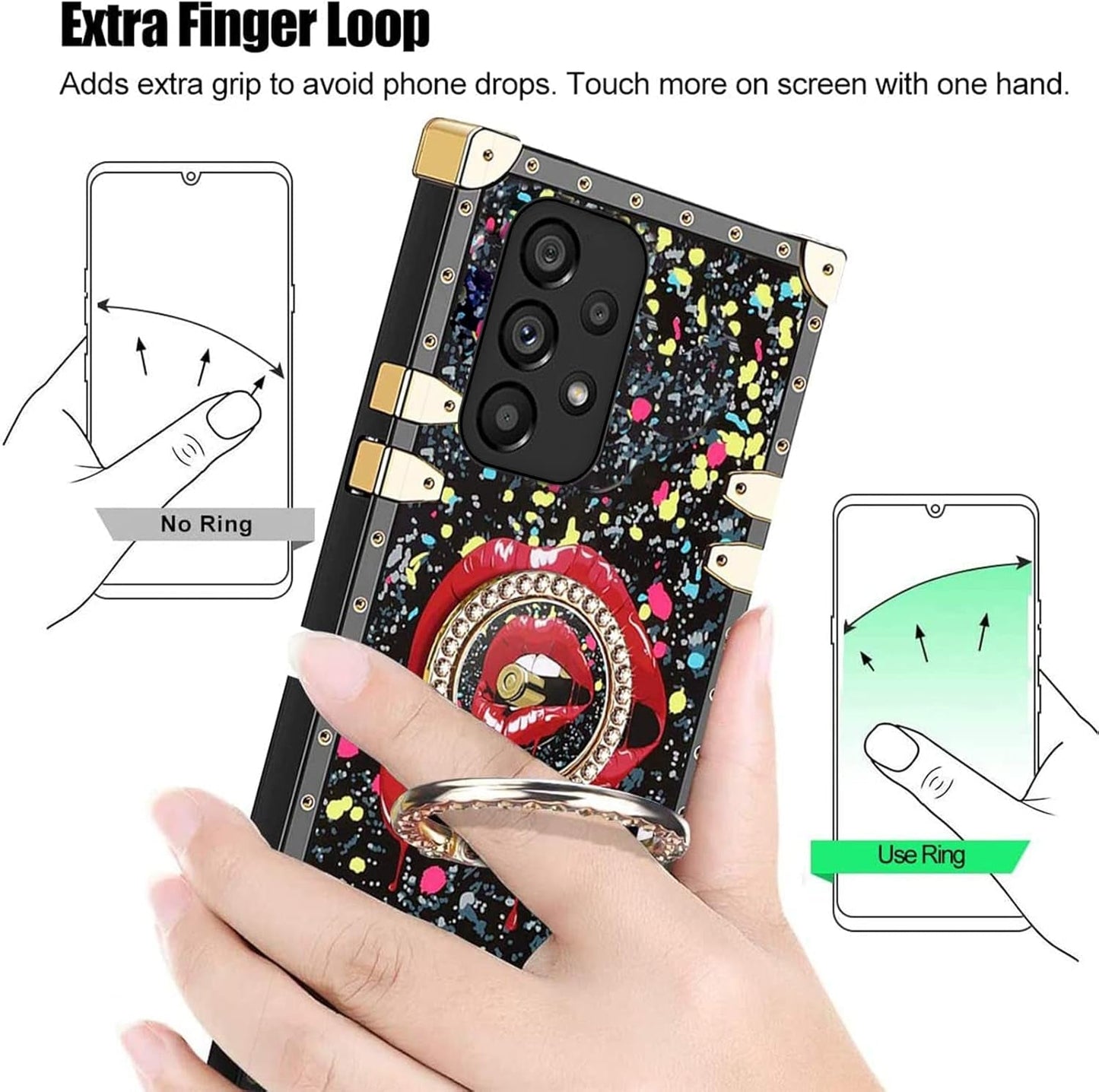 For A53 5G Case, Samsung A53 Case Square Rivet for Girls Women Crystal Shockproof Protection with Kickstand Cute Lanyard Square Retro Elegant Slim Soft Tpu Cover for Galaxy A53 5G(Black Lips)