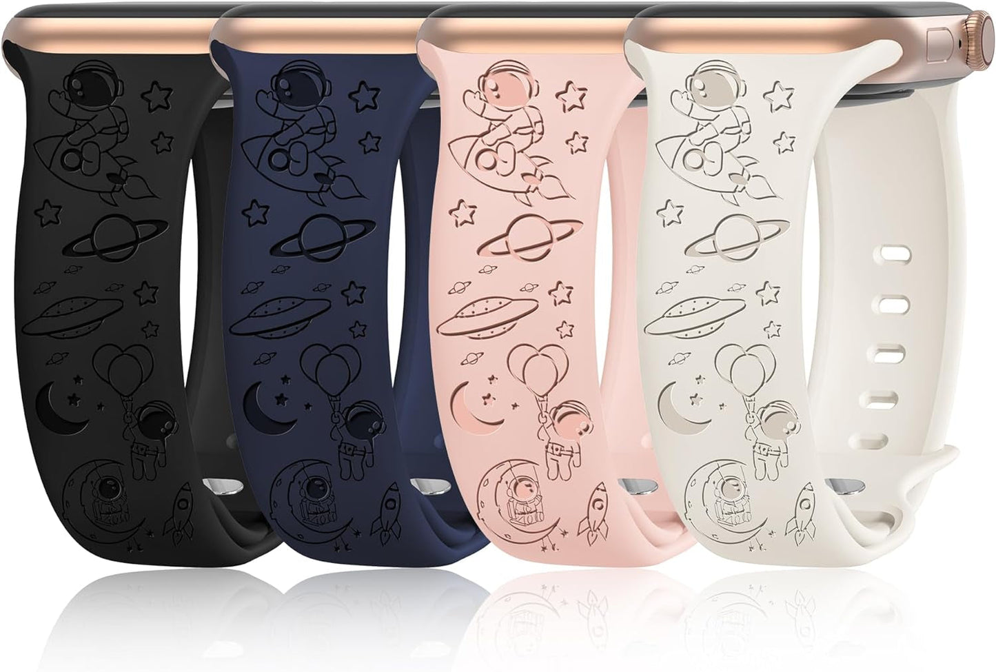 4 Pack Cartoon Engraved Bands Compatible with Apple Watch Band 40Mm 41Mm 38Mm 42Mm 44Mm 45Mm 49Mm Women,Soft Silicone Cute Designer Strap for Iwatch Bands Series SE 8 6 5 4 3 2 1 Ultra