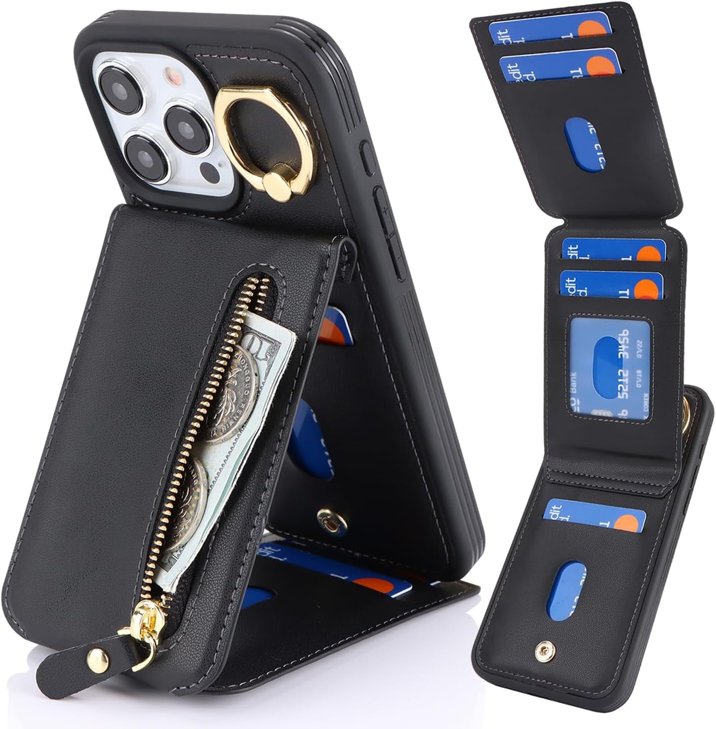 DEYHU Iphone 15 Pro Case with Card Holder, Iphone 15 Pro Phone Case Wallet for Women Magsafe Compatible Wallet Detachable 2-In-1 for Men-Dark Blue  DEYHU B+Black Iphone 15 Pro 