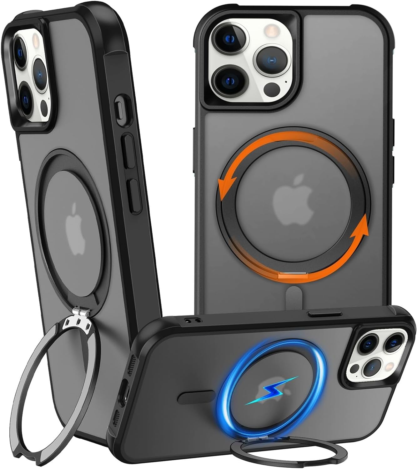 Chaofeng 360° Rotatable Stand for Iphone 15 Pro Case with Magnetic [Military Grade Drop Tested][Adjustable Kickstand] Ring Translucent Slim Hard Back Soft Edge, Purple  CHAOFEnG Black Iphone 12 Pro Max 