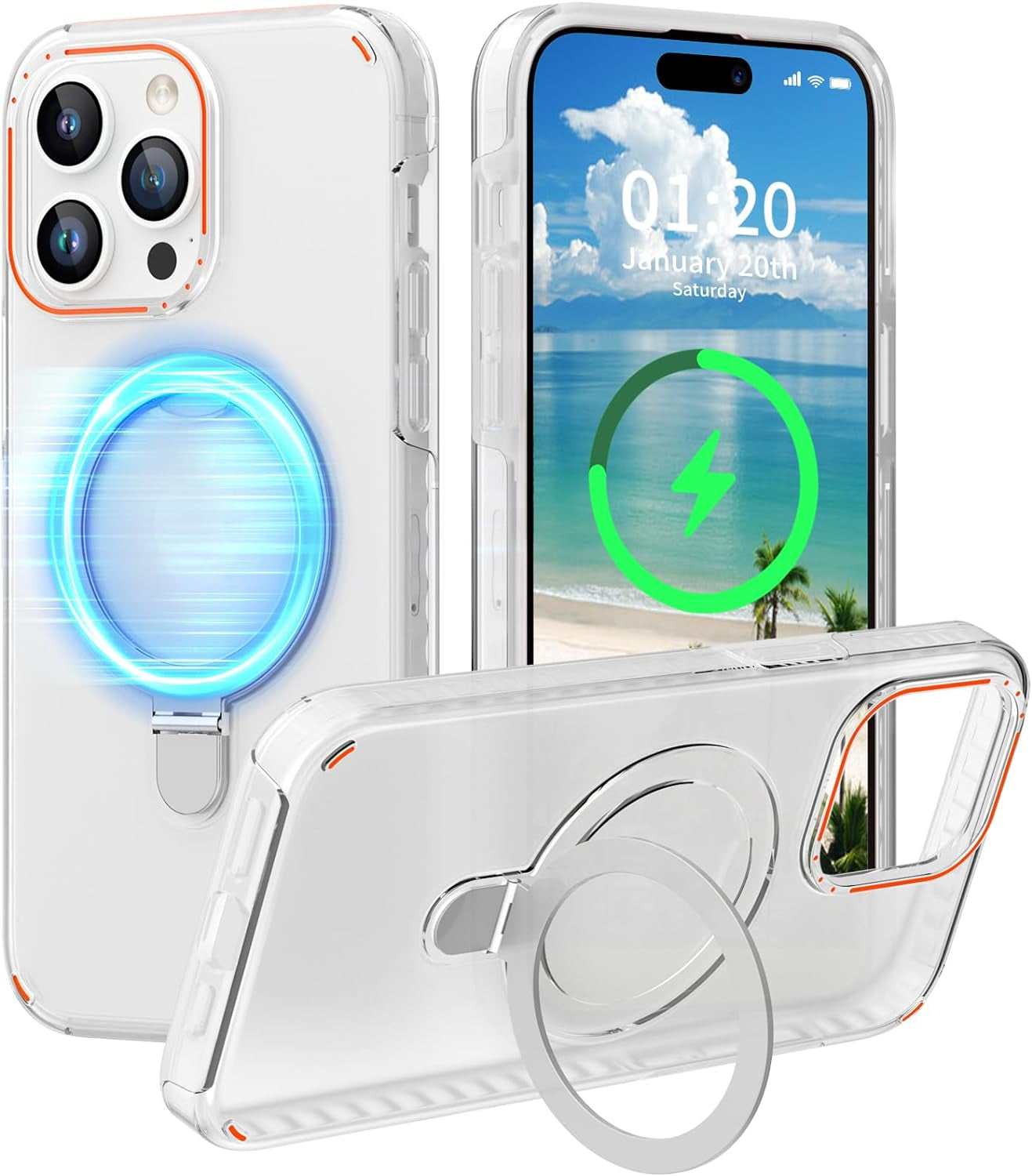 Flodsw Shockproof Case for Iphone 15 Pro,Compatible with Magsafe,Stronger Magnetic Iphone 15 Pro Case with Stand,Dual Layer Phone Case,[Military Drop Protection][Anti Yellowing] 6.1Inch,Blue  Flodsw Clear For Iphone 14 Pro/6.1‘’ 