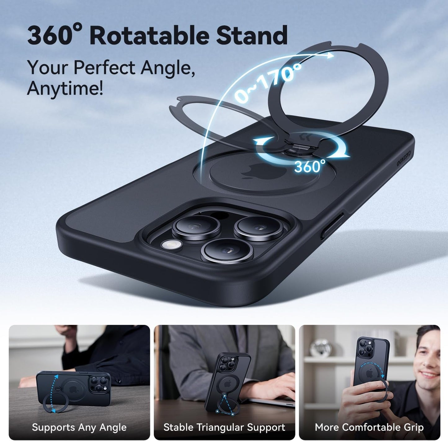 CASEKOO 2024 Upgraded 360° Rotatable Magnetic Ring Stand for Iphone 15 Pro Max Case [Military Drop Protection] [Compatible with Magsafe] Matte Translucent Slim Iphone 15 Promax Case 6.7'', Black  CASEKOO   
