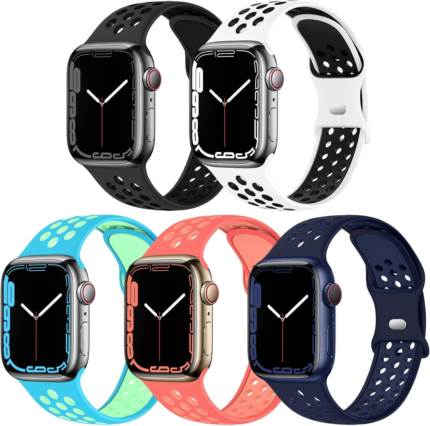 EOMTAM 5 Pack Sport Bands Compatible for Apple Watch 49Mm 45Mm 44Mm 42Mm 41Mm 40Mm 38Mm Men Women, Breathable Silicone Soft Replacement Strap Wristband for Iwatch Series Ultra 8 SE 7 6 5 4 3
