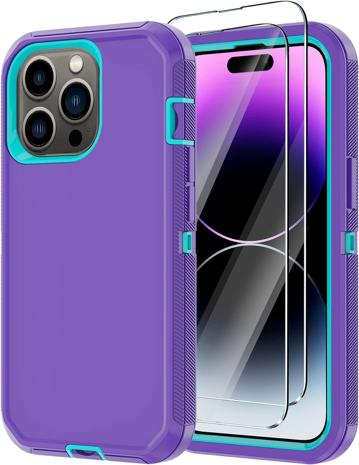 Annymall for Iphone 14 Pro Case with 2 Screen Protector, Heavy Duty Drop Protection Shockproof Full Body 3-Layer Military Rugged Durable Protective Cover for Apple Iphone 14 Pro 6.1" (Blue/Dark)  Annymall Purple/Blue  