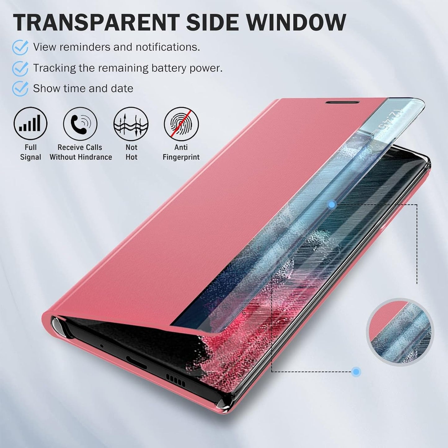 For Samsung Galaxy S22 Ultra 5G Case View Clear Window Leather for Samsung S22 Ultra Case Slim Mirror Hard PC Kickstand Luxury Flip Shockproof Galaxy S22 Ultra Cover Protective (Pink)