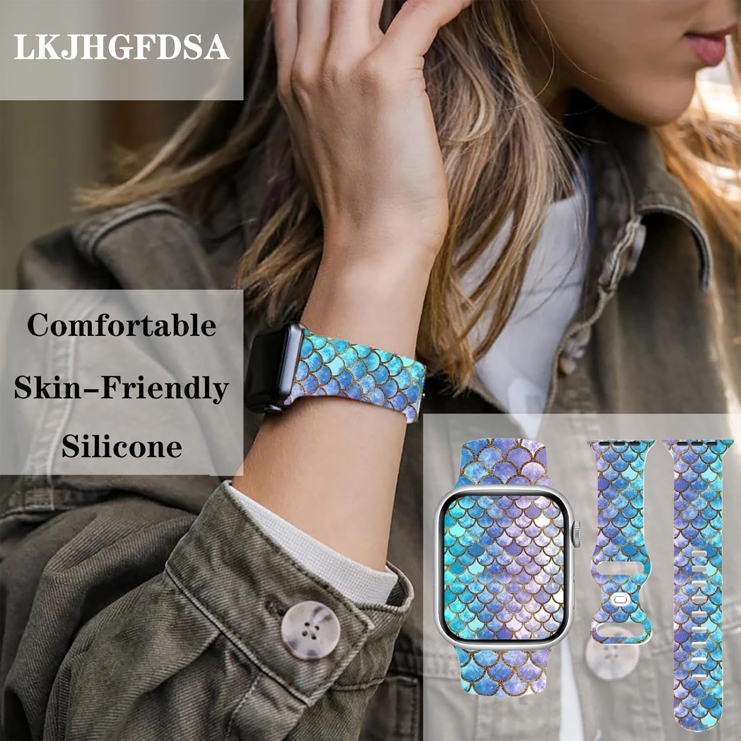 Fish Scales Watch Band Compatible with Apple Watch, Iwatch Bands All Series Soft Silicone Strap Adjustable Replacement