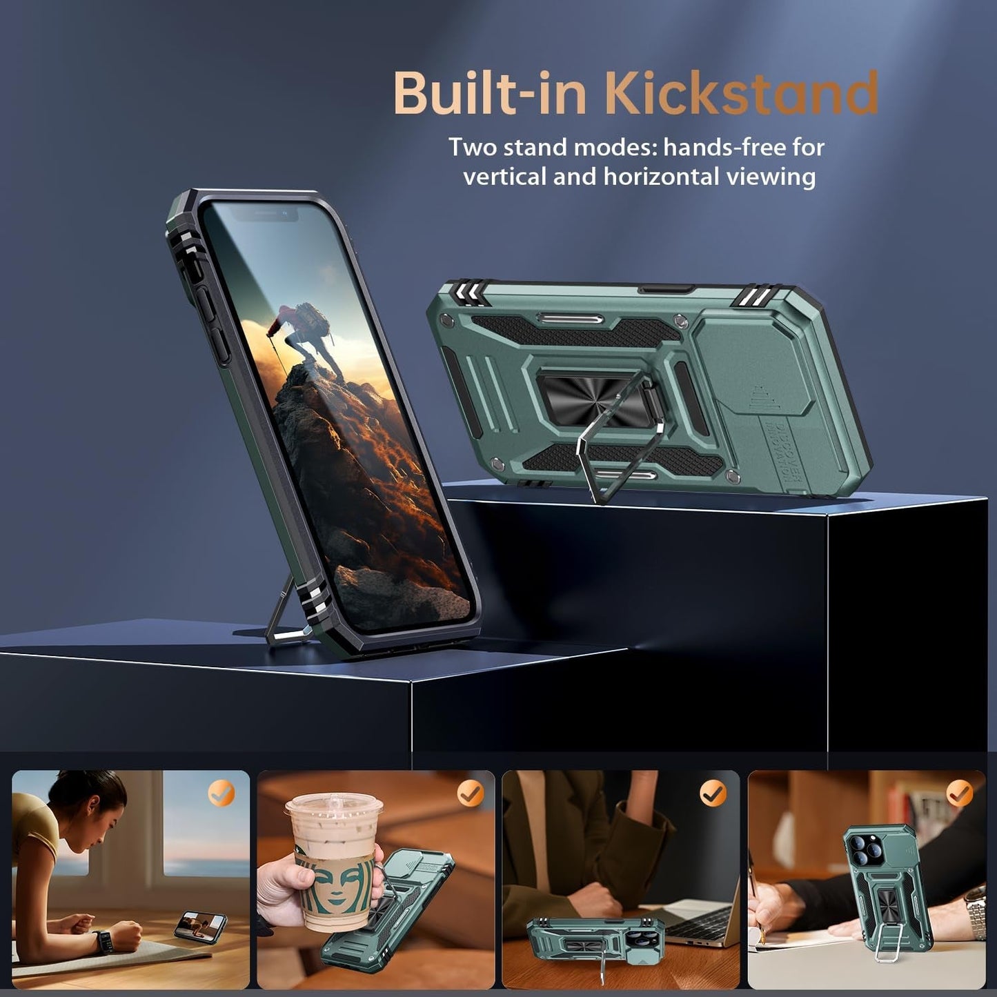 Goodon for Iphone 14 Pro Max Case with Slide Camera Cover + Screen Protector, Built in Rotated Ring Magnetic Kickstand Military Grade Shockproof Protective Phone Case 6.7" Pale - Green  Goodon   