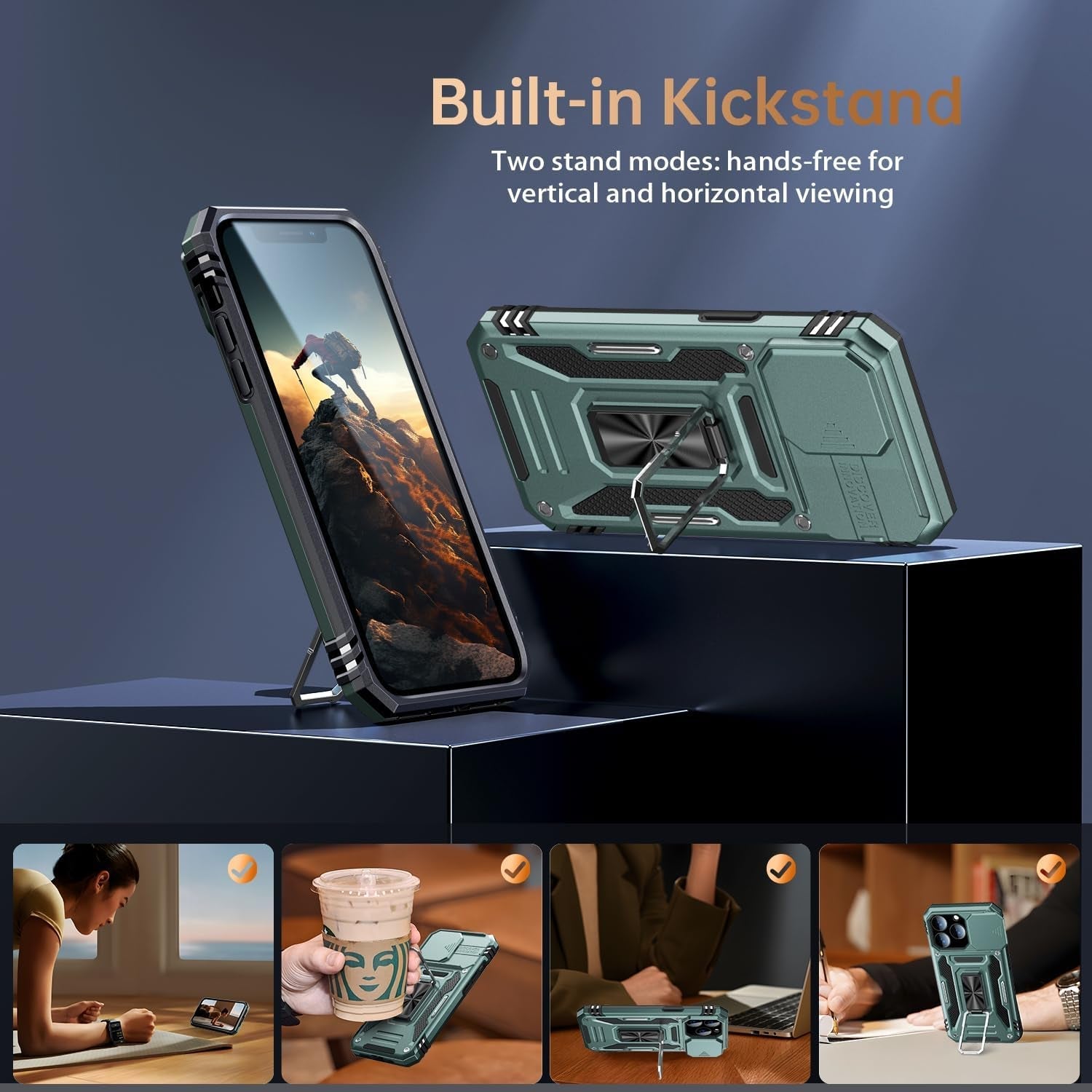 Goodon for Iphone 14 Pro Max Case with Slide Camera Cover + Screen Protector, Built in Rotated Ring Magnetic Kickstand Military Grade Shockproof Protective Phone Case 6.7" Pale - Green  Goodon   