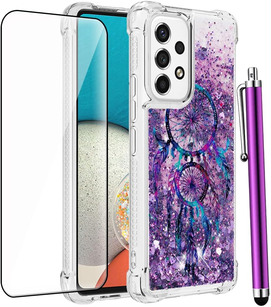 For Samsung Galaxy A53 5G Phone Case with Screen Protector, Women Girls Cute Glitter Bling Floating Liquid Soft TPU Shockproof Protective Slim Cover for Samsung Galaxy A53 5G -Blue Butterfly