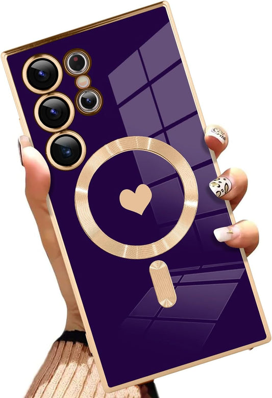 AIGOMARA Magnetic Case for Samsung Galaxy S24 Ultra [Compatible with Magsafe] Heart Design Soft TPU Electroplated Cover Anti-Scratch Shockproof Case for Galaxy S24 Ultra 6.8 Inch - Purple