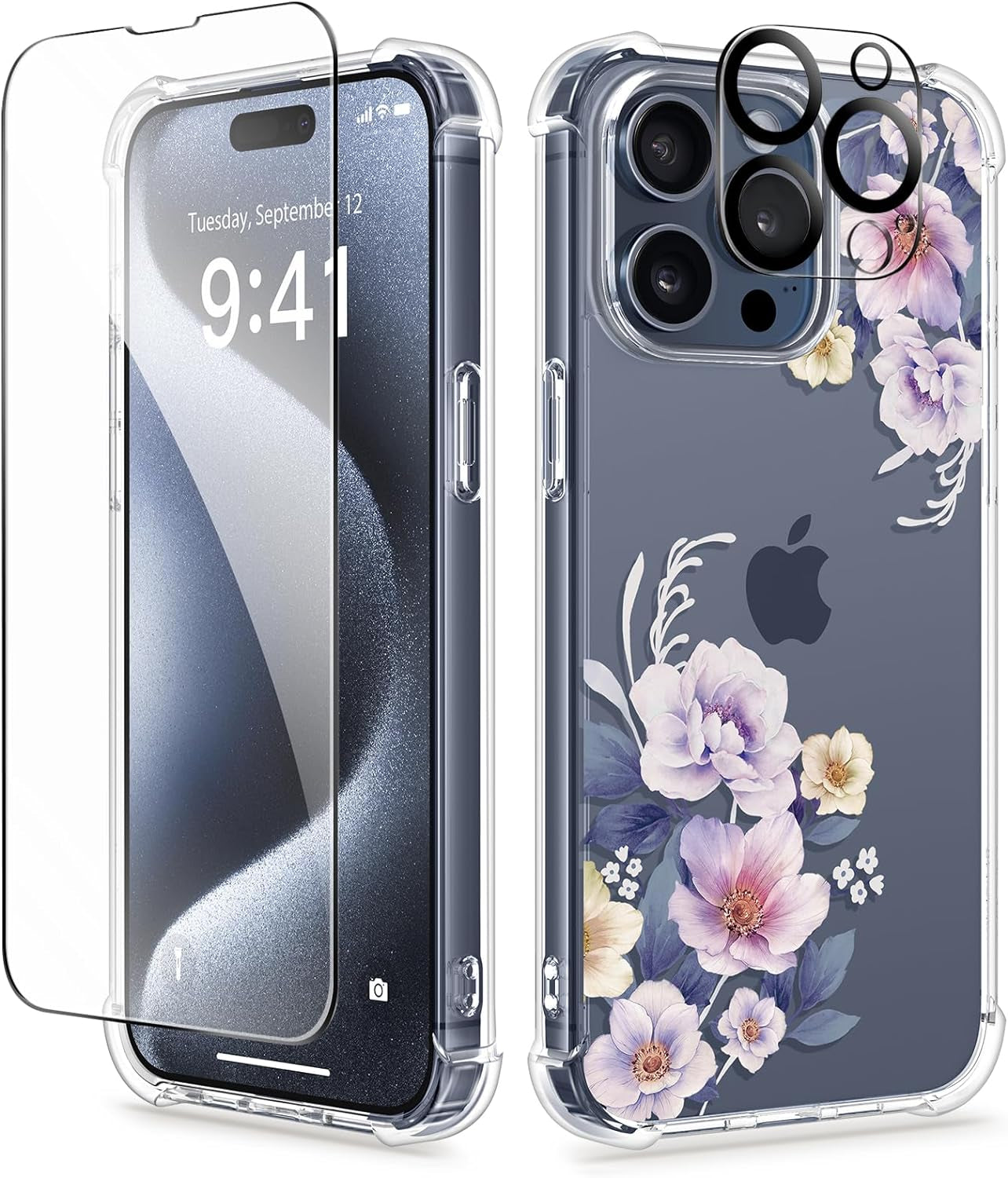 GVIEWIN for Iphone 15 Pro Case Floral, with Screen Protector+Camera Lens Protector, [Not Yellowing] Slim Shockproof Clear Phone Protective Cover for Women, Flower Pattern Design (Ranunculus/Pink)  GVIEWIN   