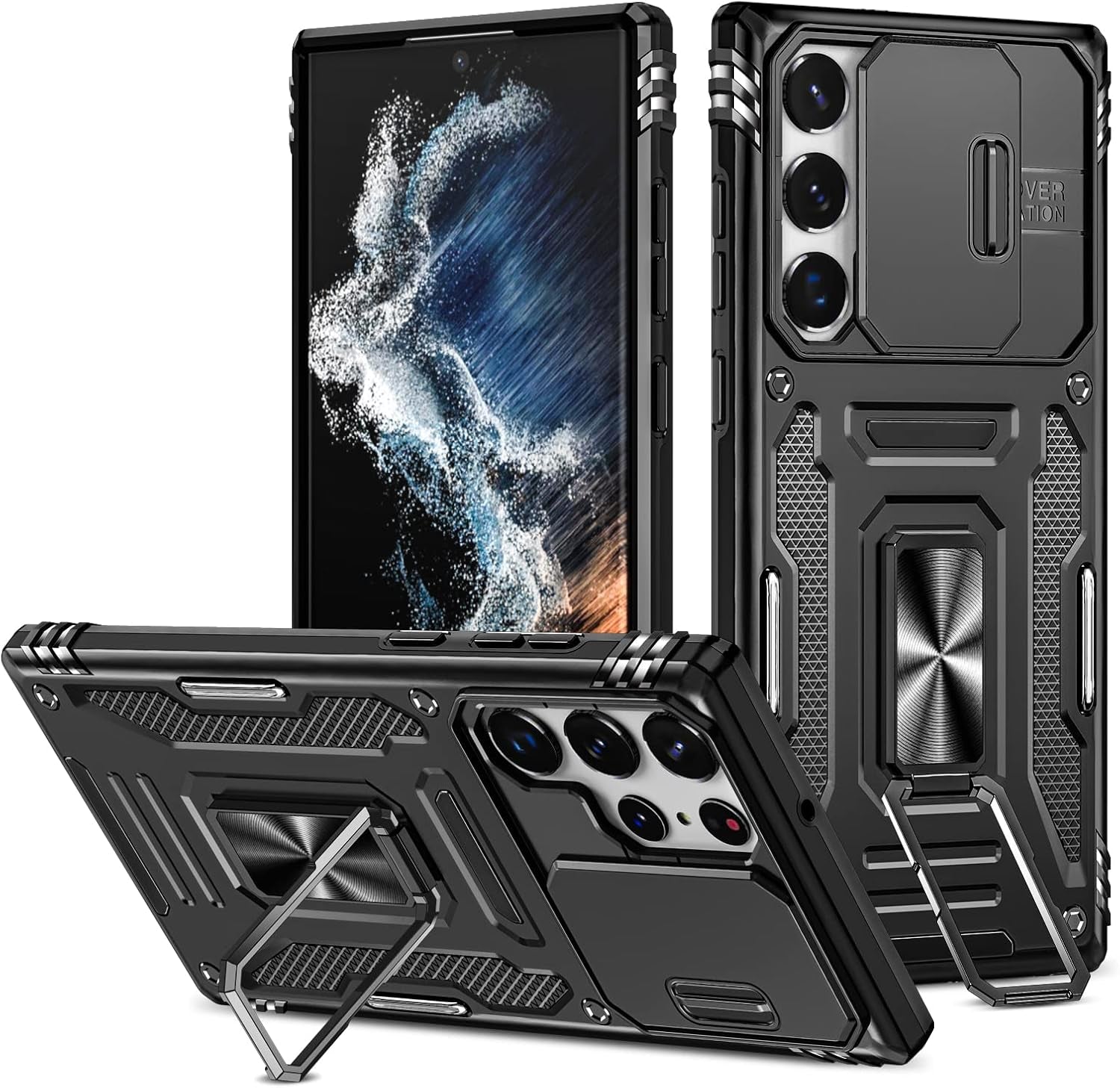 Design for Samsung Galaxy S22 Ultra Case with Stand & Camera Cover, Military Grade Drop Protective Case Built-In 180°+360° Rotate Ring Kickstand,Shockproof Phone Case for Samsung S22 Ultra Case Black