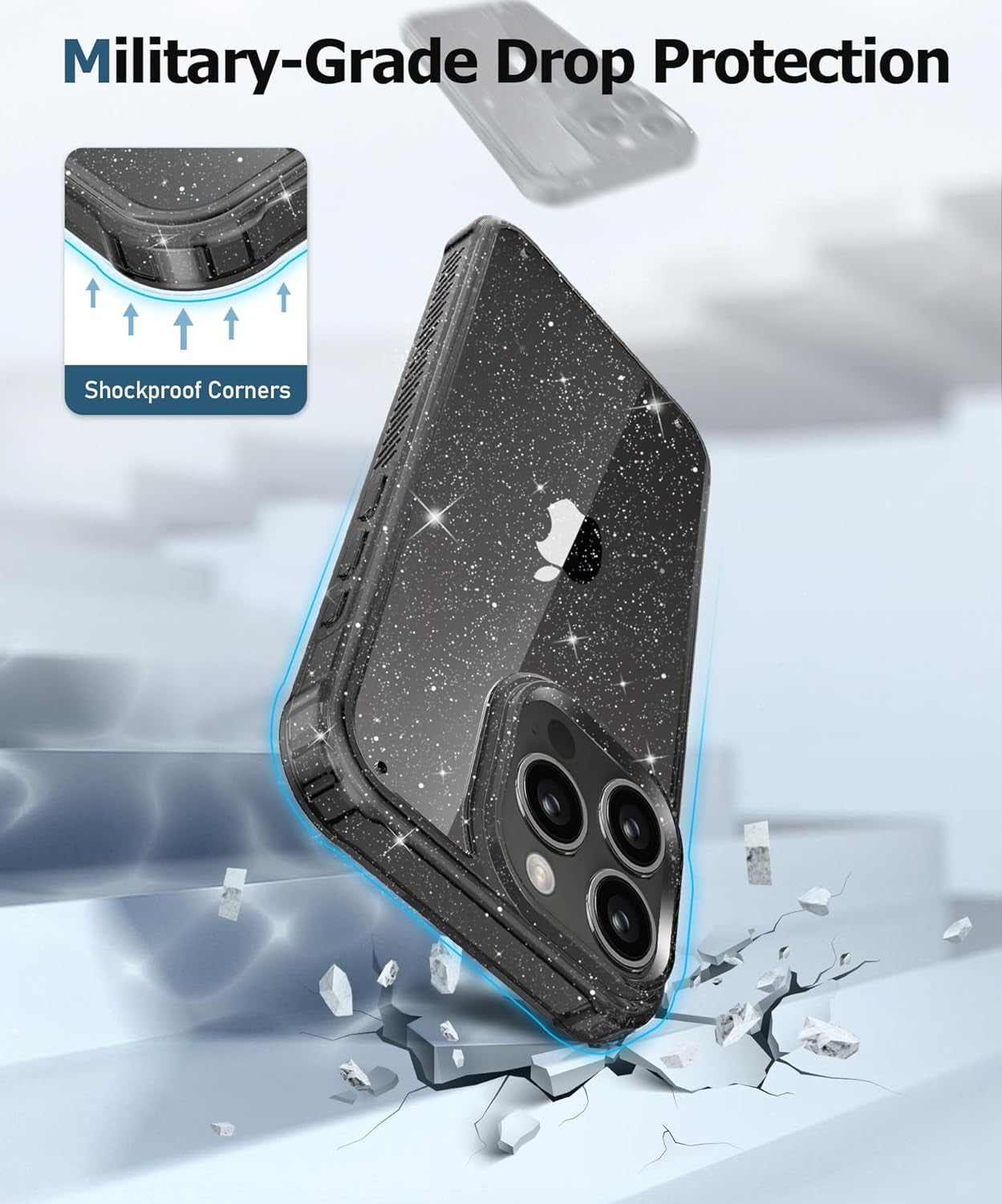 MIODIK Case Compatible with Iphone 15 Pro Clear Glitter, 2Pcs Screen Protector + 2Pcs Camera Protector, Women Cute [Military-Grade Protective] [Anti-Yellowing] Slim Cover 6.1" 2023 (Sparkle Black)  MIODIK   