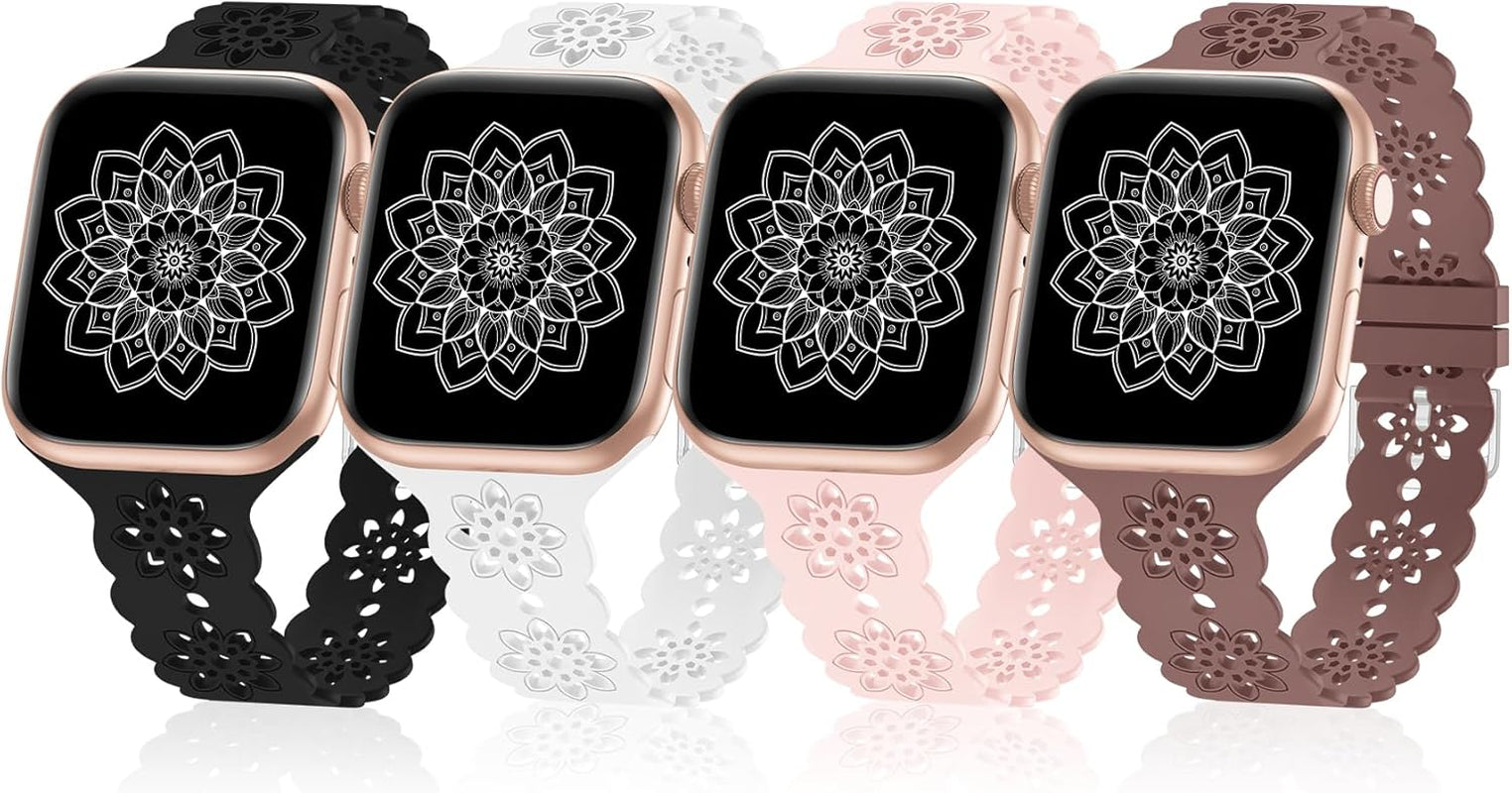 4 Pack Slim Silicone Bands Compatible with Apple Watch Band 40Mm 38Mm 41Mm 44Mm 45Mm 42Mm 49Mm Women Men, Lace Breathable Sport Strap for Iwatch Bands SE Series 9/8/7/6/5/4/3/2/1 Ultra 2/1