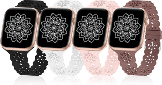 4 Pack Slim Silicone Bands Compatible with Apple Watch Band 40Mm 38Mm 41Mm 44Mm 45Mm 42Mm 49Mm Women Men, Lace Breathable Sport Strap for Iwatch Bands SE Series 9/8/7/6/5/4/3/2/1 Ultra 2/1