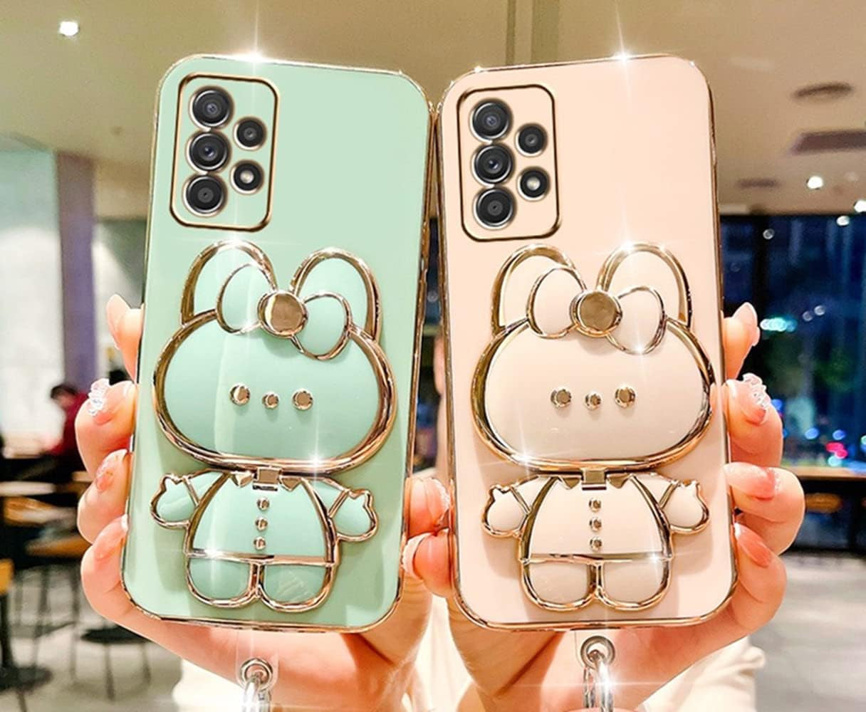 For Samsung Galaxy A53 5G Case for Women Girls Cute Hidden Rabbit Bunny Kickstand,Plating Glitter Girly Soft Silicone Mirror Phone Case with Camera Cover for Samsung Galaxy A53 Pink