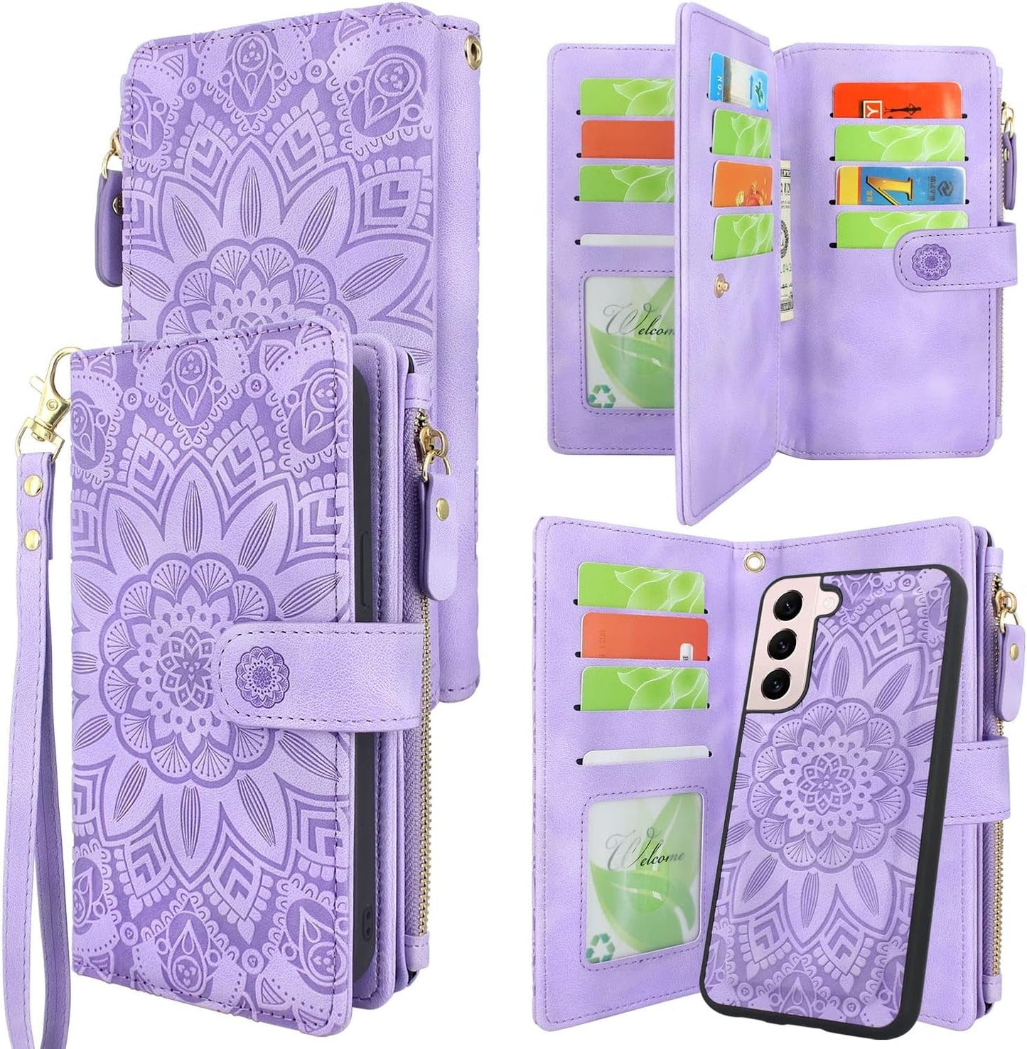 Harryshell Detachable Magnetic Zipper Wallet Leather Case with Cash Coin Pocket 12 Card Slots Holder Wrist Strap Lanyard for Samsung Galaxy S22+ S22 plus 5G 6.6 Inch (2022) Flower (Rose Gold)