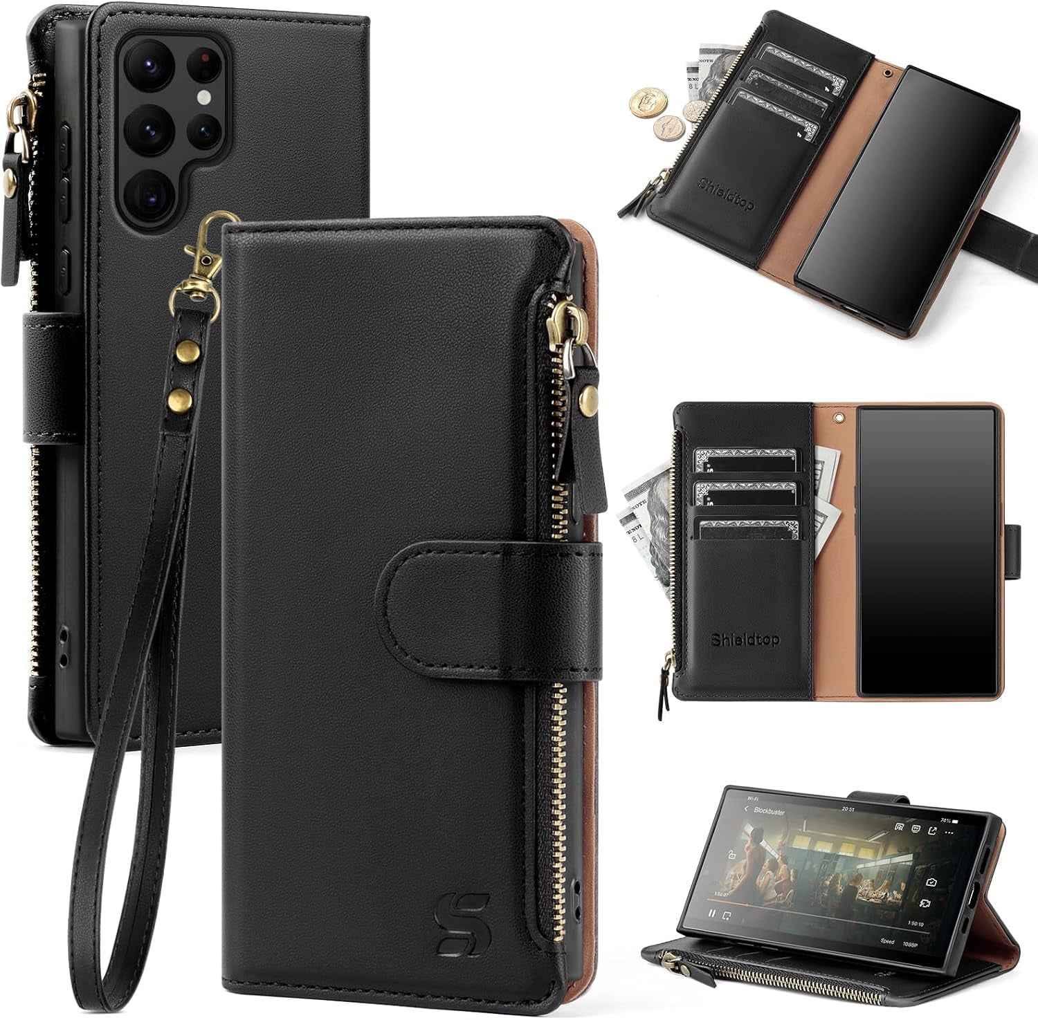 For Samsung Galaxy S22 Ultra 5G Wallet Case,Galaxy S22 Ultra Phone Case PU Leather Flip Folio Protective Cover Zipper Pocket Credit Card Slots Holder RFID Blocking,For Women Men,Wine Red