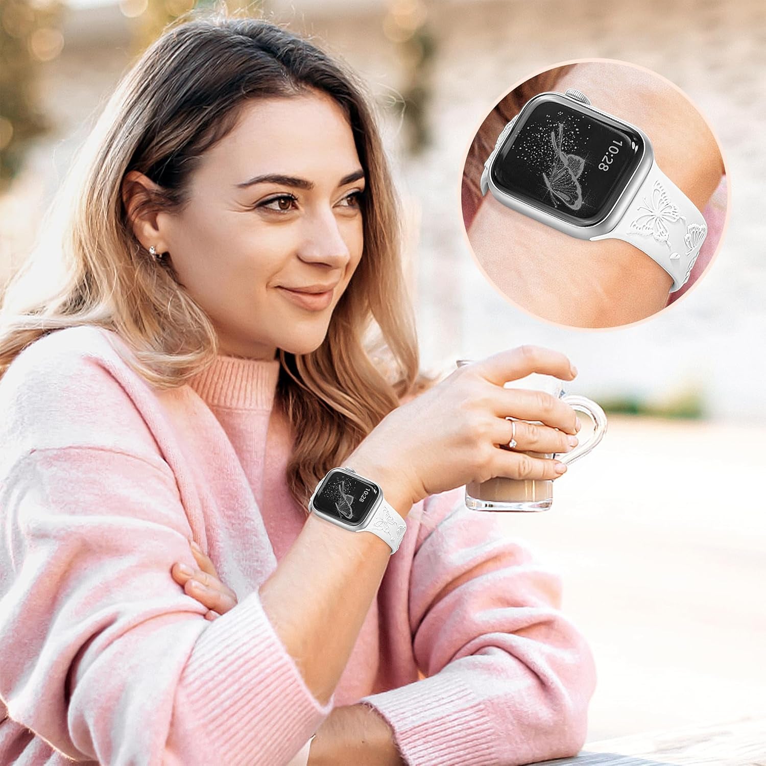 Floral Butterfly Engraved Band Compatible with Apple Watch Bands for Women 40Mm 41Mm 38Mm, Soft Silicone Sport Iwatch Bands for Apple Watch Series 9 Band SE Series 8 7 6 5 4 3 2 1-White