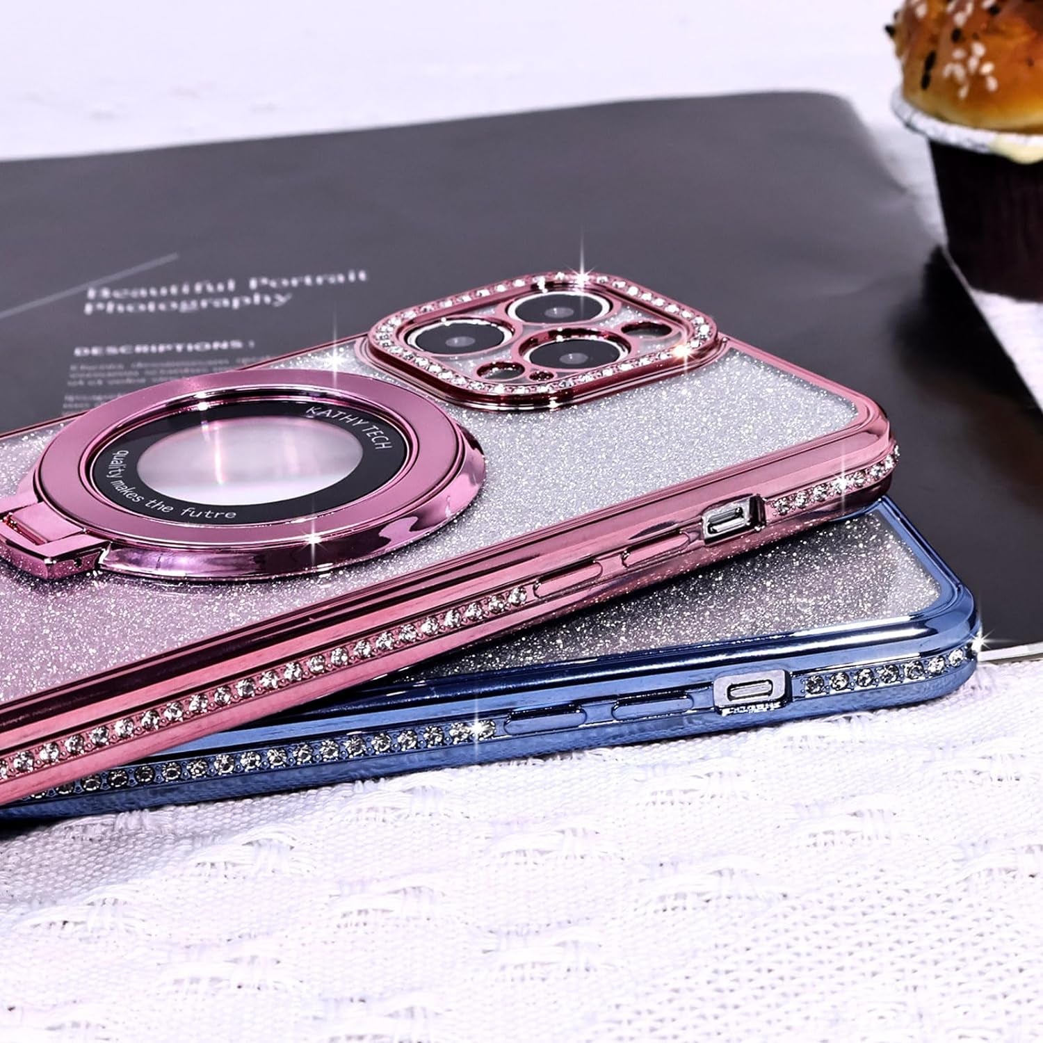 Fycyko Magnetic Case for Iphone 15 Pro Max with Holder Stand,Rhinestone Glitter Plated Bling Luxury Phone Case（Compatible with Magsafe） Shockproof Kickstand Design for Iphone 15 Pro Max-Pink  Fycyko   