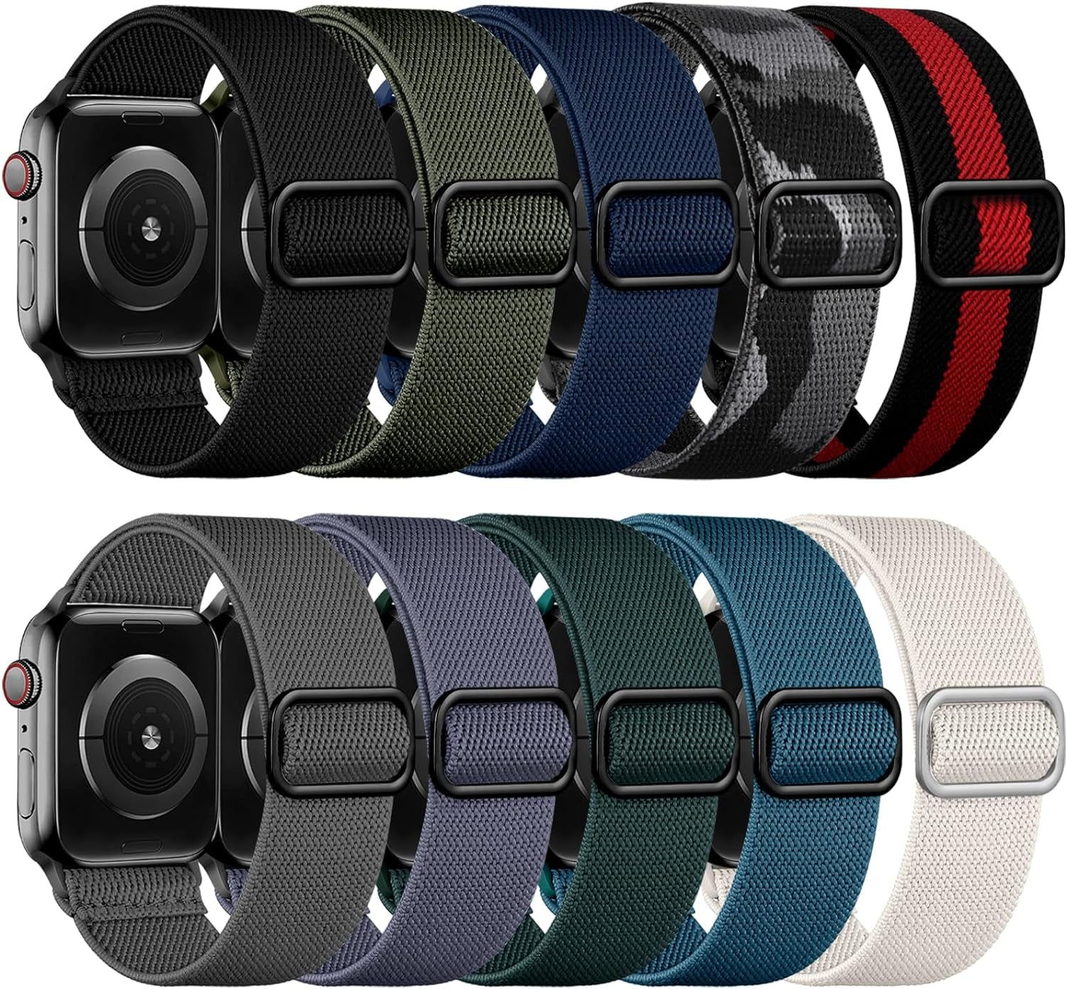 10 Pack Stretchy Nylon Solo Loop Bands Compatible with Apple Watch 49Mm 45Mm 44Mm 42Mm 41Mm 40Mm 38Mm for Men Women, Adjustable Soft Elastic Straps for Iwatch Ultra 2/Ultra Series 9/8/7/6/5/SE