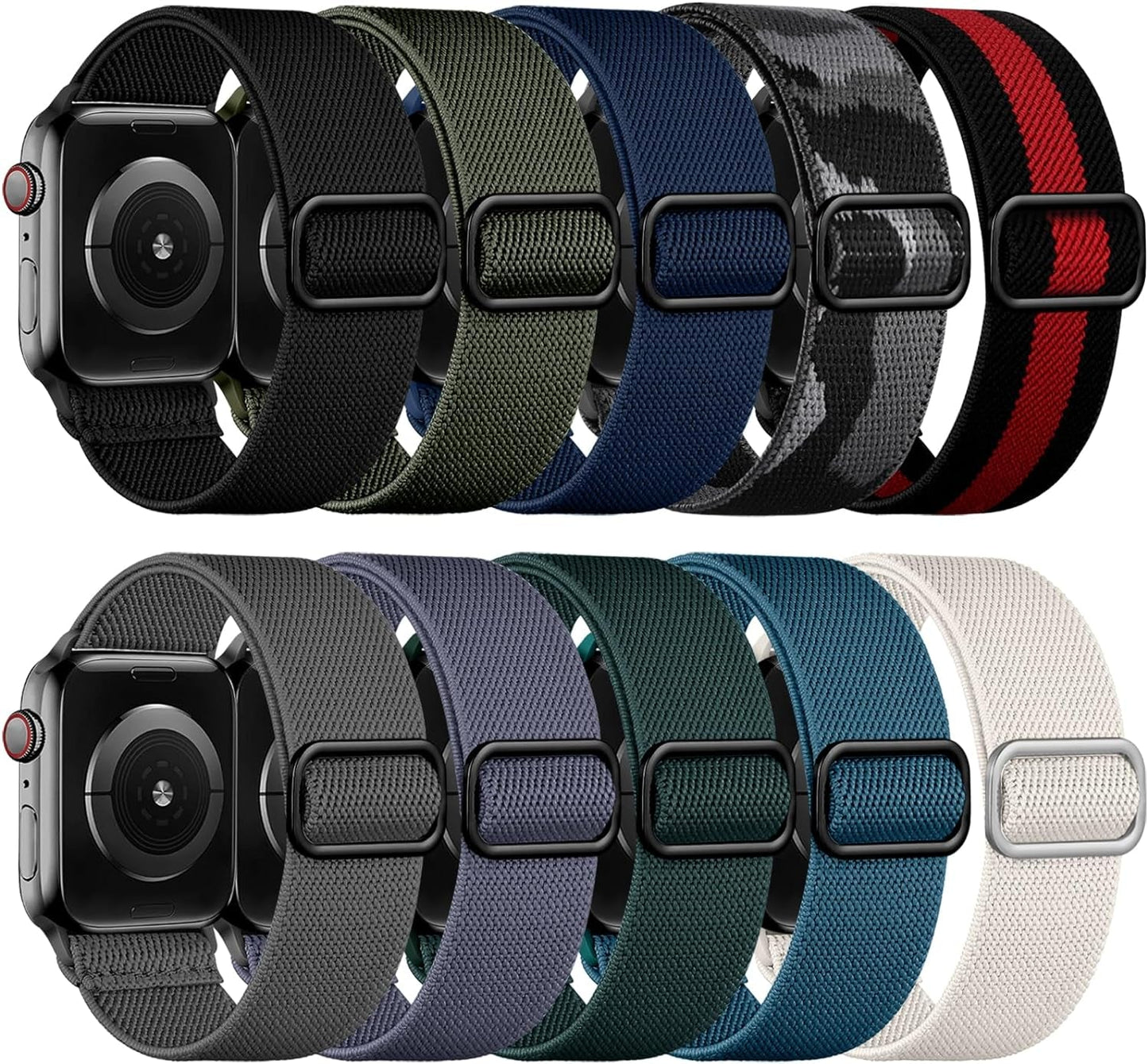 10 Pack Stretchy Nylon Solo Loop Bands Compatible with Apple Watch 49Mm 45Mm 44Mm 42Mm 41Mm 40Mm 38Mm for Men Women, Adjustable Soft Elastic Straps for Iwatch Ultra 2/Ultra Series 9/8/7/6/5/SE