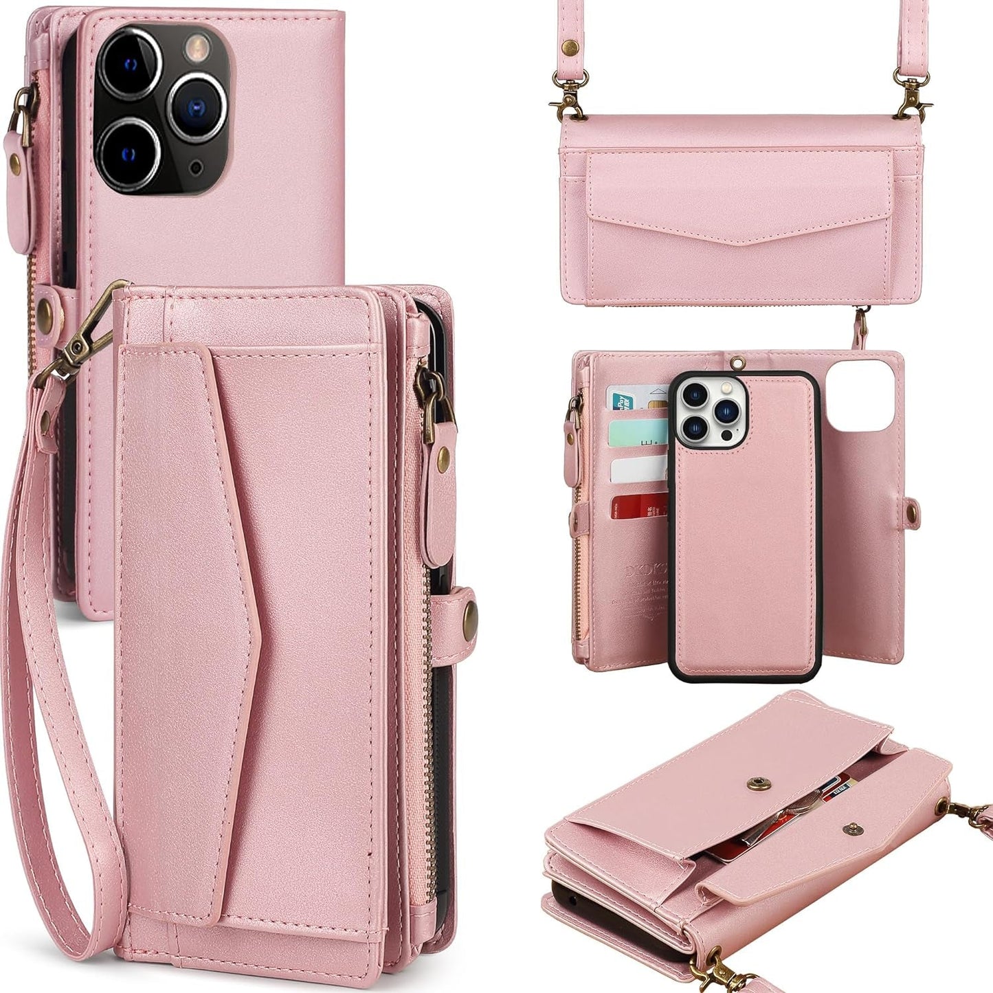 DKDKSIP for Iphone 15 Pro Wallet Case for Women, Support Wireless Charging with RFID Blocking Card Holder, PU Leather Zipper Wallet Detachable Magnetic Phone Case with Crossbody Strap, Pink  DKDKSIP   