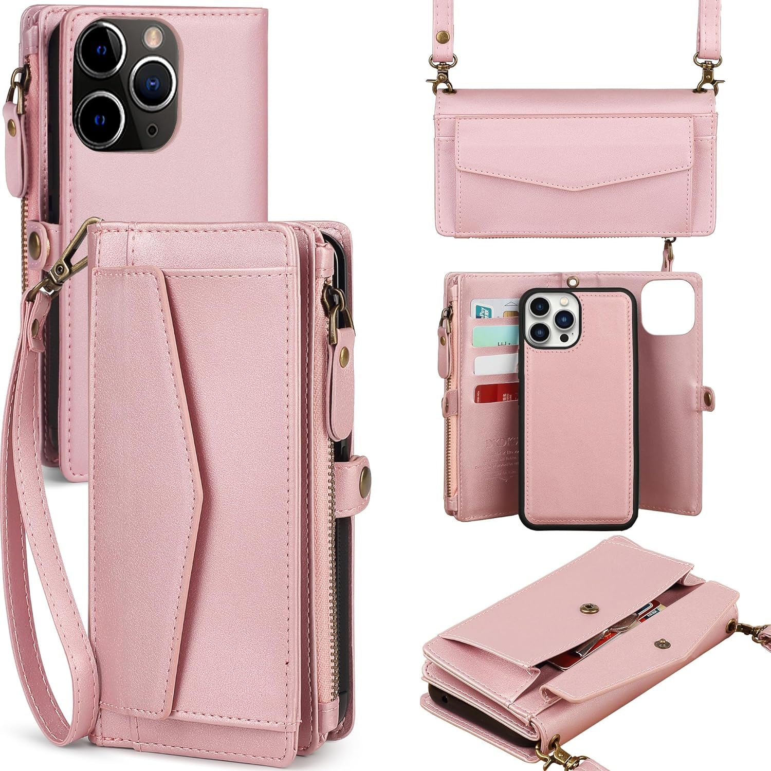 DKDKSIP for Iphone 15 Pro Wallet Case for Women, Support Wireless Charging with RFID Blocking Card Holder, PU Leather Zipper Wallet Detachable Magnetic Phone Case with Crossbody Strap, Pink  DKDKSIP   
