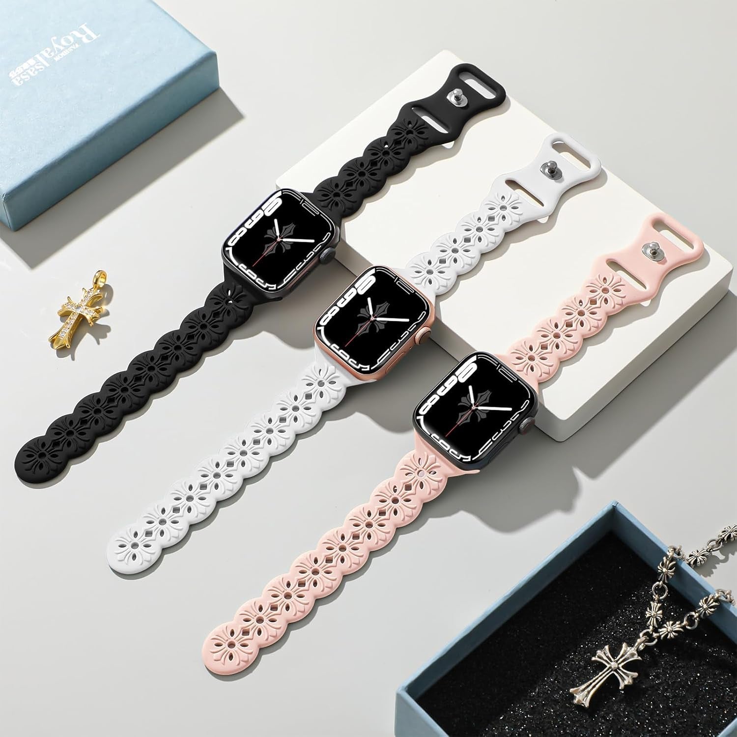 3 Pack Engraved Lace Silicone Bands Compatible with Apple Watch Band 38Mm 40Mm 41Mm 42Mm 44Mm 45Mm 49Mm Women Men, Slim Thin Hollow-Out Sport Strap for Iwatch Series 9/8/7/6/5/4/3/2/1 SE Ultra 2/1