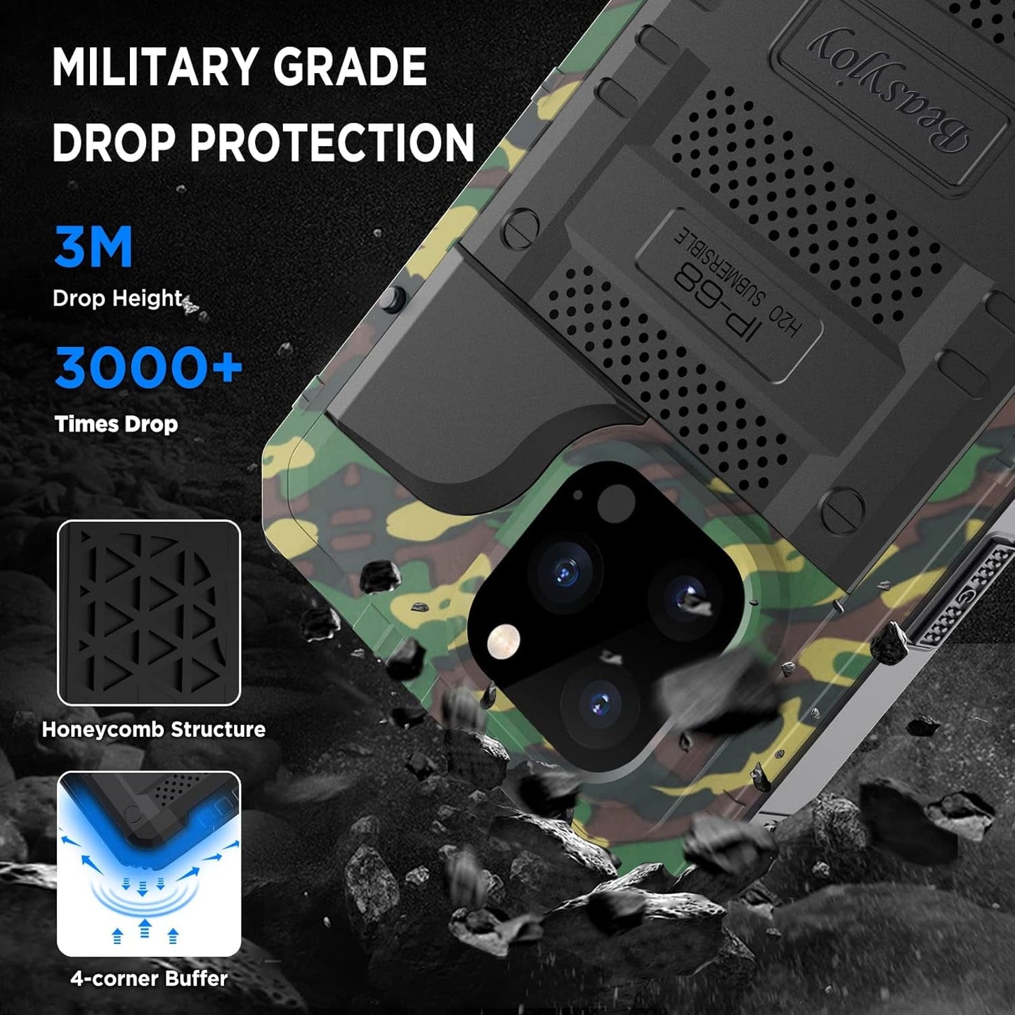 Beasyjoy Waterproof Case for Iphone 14 Pro, Metal Full Body Sealed Phone Case with Built-In Screen Protector, Military Grade Heavy Duty Defender Armor Shockproof Rugged Case 6.1 Inch, Camo  Beasyjoy   