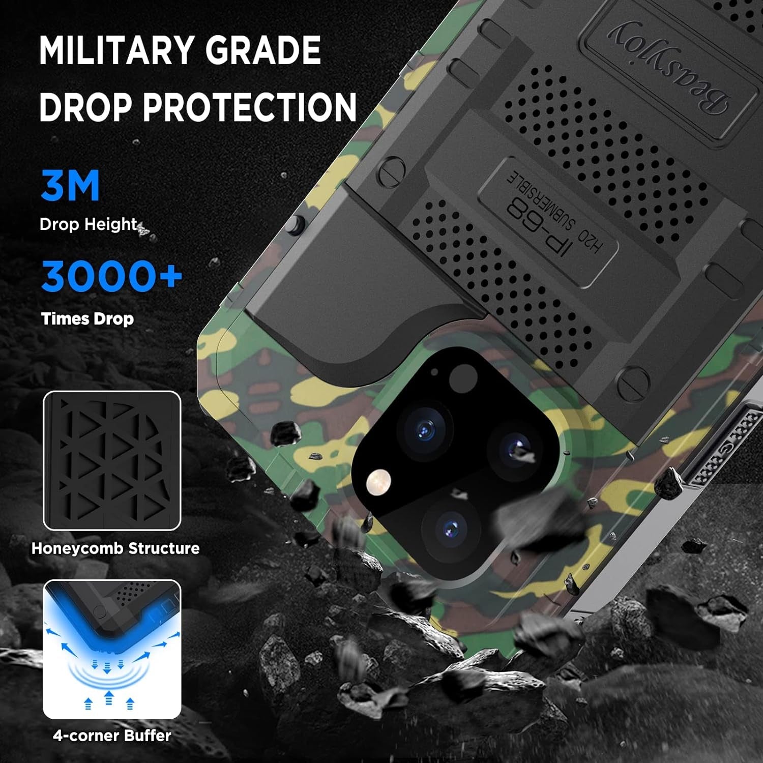 Beasyjoy Waterproof Case for Iphone 14 Pro, Metal Full Body Sealed Phone Case with Built-In Screen Protector, Military Grade Heavy Duty Defender Armor Shockproof Rugged Case 6.1 Inch, Camo  Beasyjoy   
