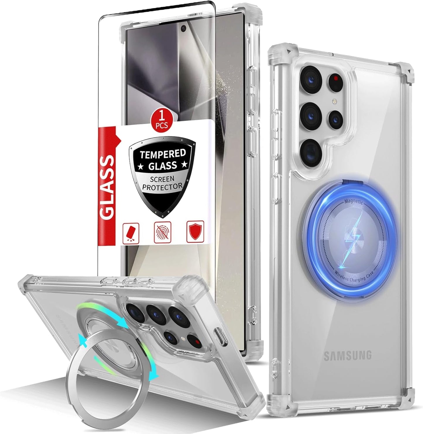 For Samsung Galaxy S22 Ultra Case Magnetic Compatible with Magsafe Galaxy S22Ultra Case with Glass Screen Protector,With Kickstand Military Grade Drop Protection Shockproof S22Ultra Case Clear