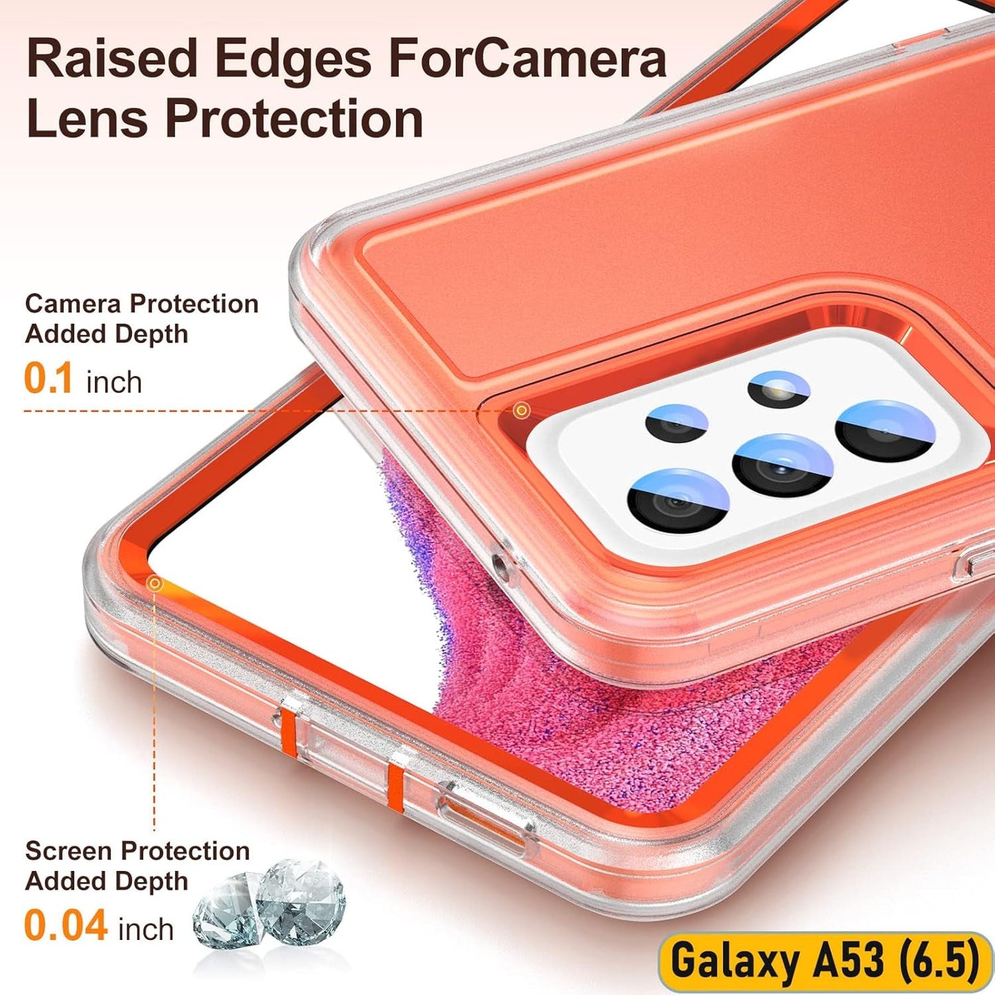 Case Is Specially Designed for Galaxy A53(5G) 6.5 Inch, Full Body Protection Heavy Duty Shock Absorbing 3 in 1 Silicone Rubber Built-In Stand with 2 Tempered Screen Protectors-Orange/Clear