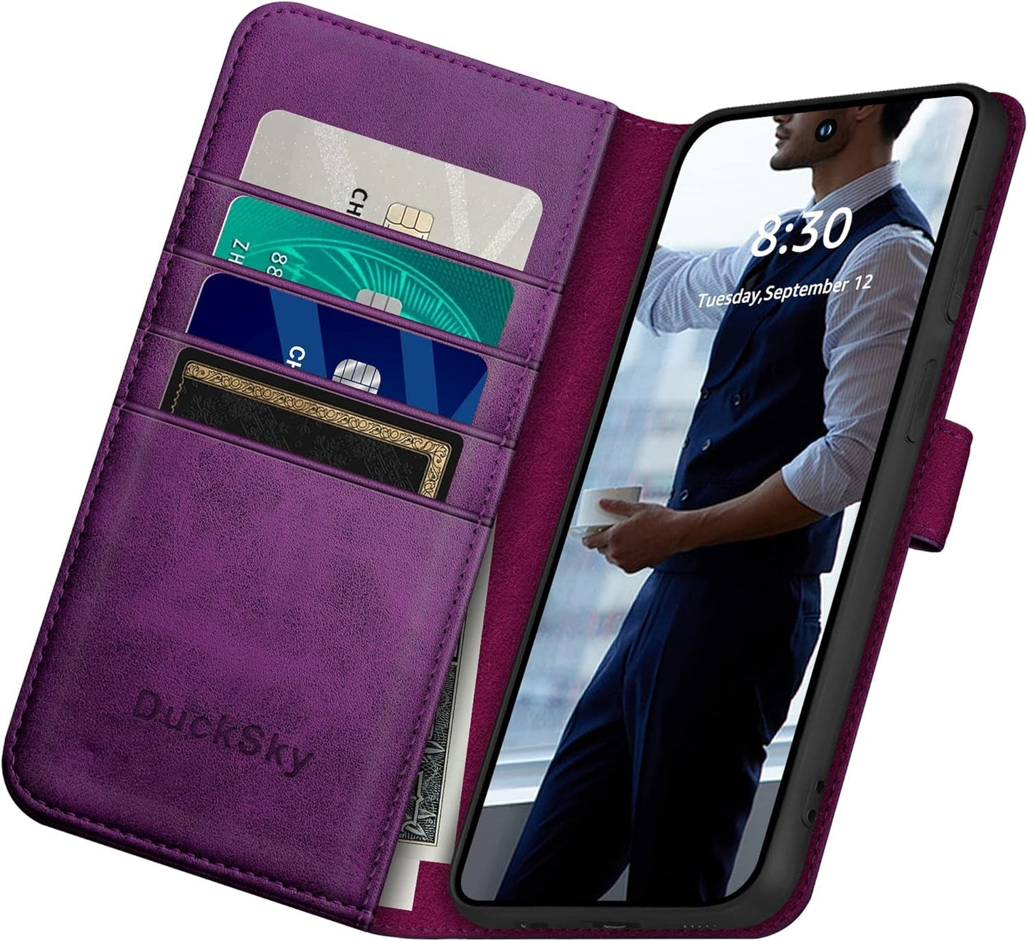 For Samsung Galaxy S22 Genuine Leather Wallet Case 【RFID Blocking】【4 Credit Card Holder】【Real Leather】 Flip Folio Book Phone Case Protective Cover Women Men for S22 Case Purple