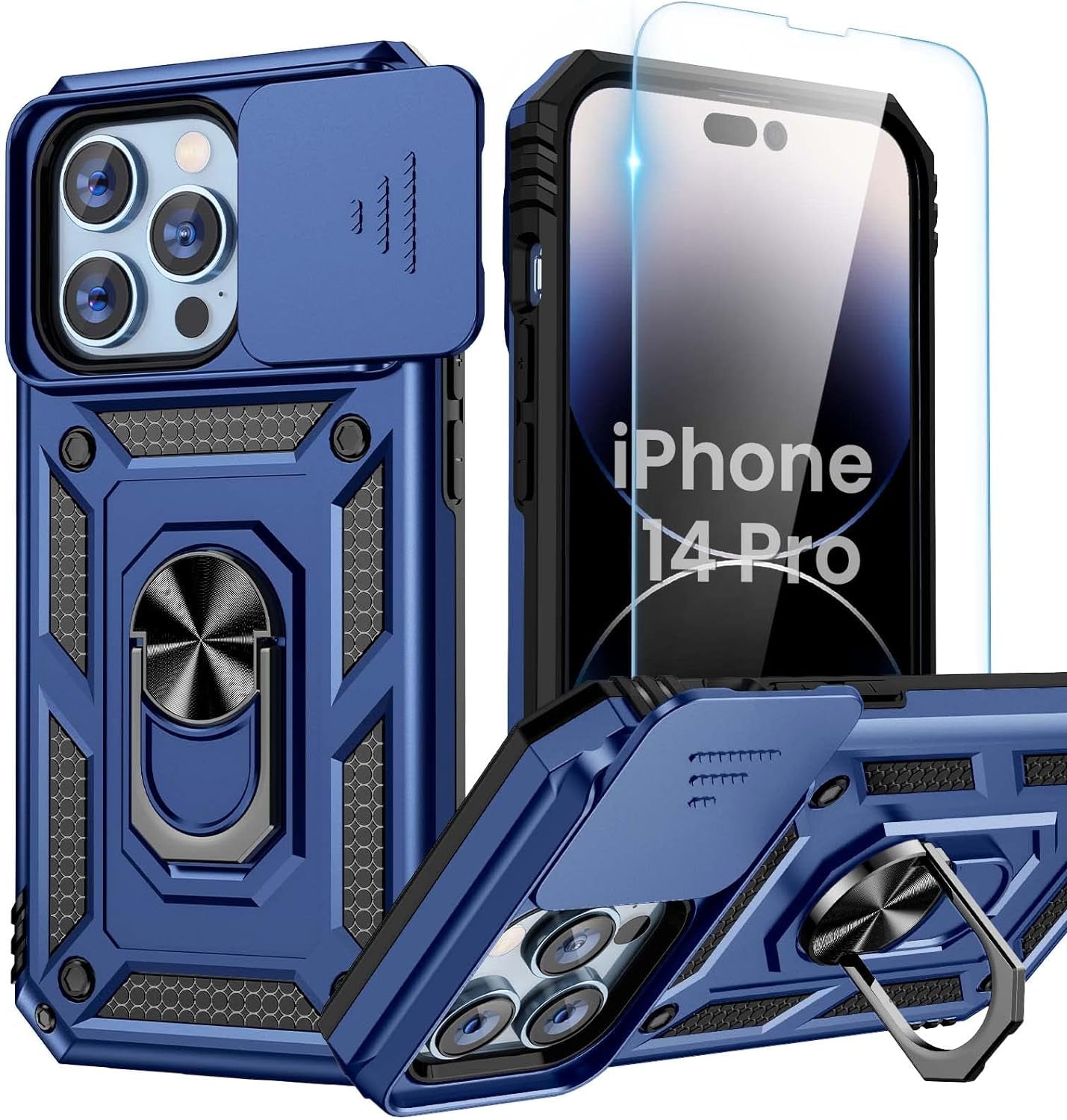 Goton for Iphone 14 Pro Case with Screen Protector - Slide Camera Cover Phone Case with Ring Stand, Heavy Duty Military Grade Shockproof Rugged Bumper for Iphone 14 Pro Accessories Dark Purple  Yin-Goton   