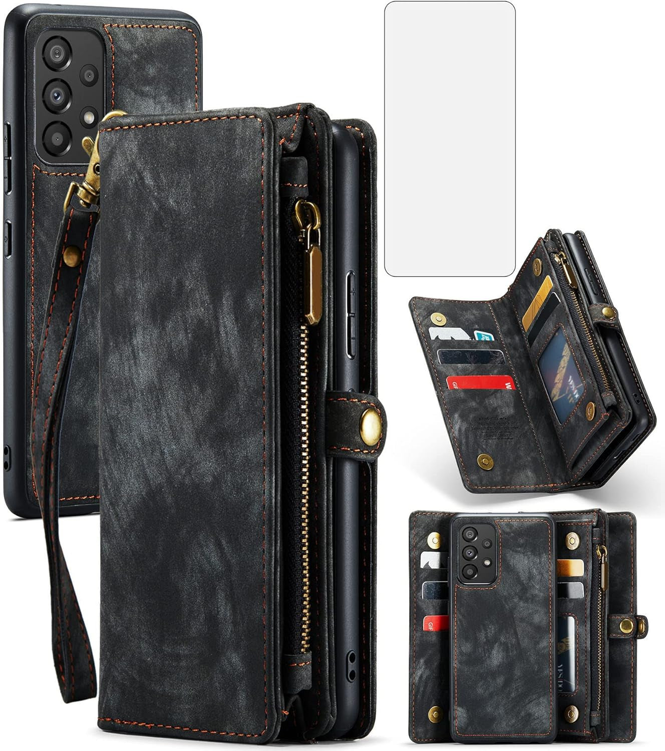 Asuwish Phone Case for Samsung Galaxy A53 5G 2022 Zipper Wallet Detachable Cover with Tempered Glass Screen Protector and Flip Card Holder Cell Accessories Gaxaly A53 G5 Galaxies 53A SM A536U Men Blue