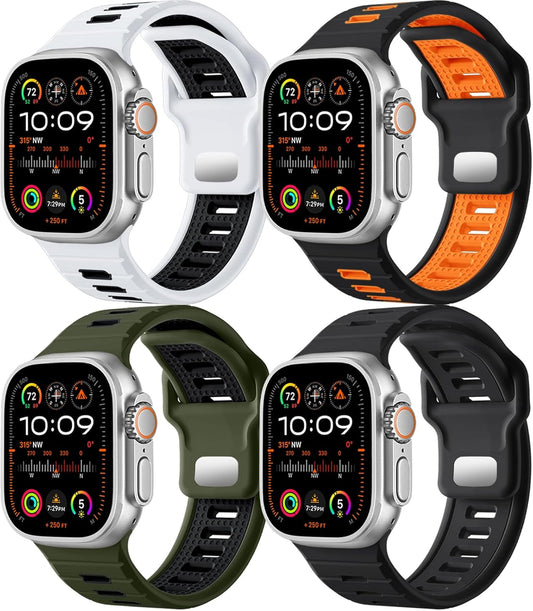 4Pack Sport Bands Compatible with Apple Watch Ultra 2/Ultra Band,Compatible with Apple Watch Bands for Men 49Mm 45Mm 44Mm 42Mm,Silicone Replacement Strap for Iwatch Series 9 8 7 6 5 4-1 SE